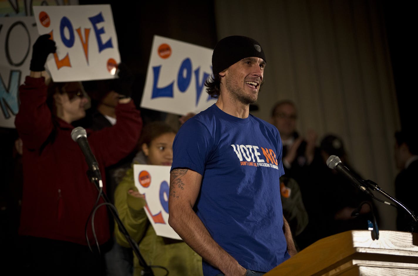 Vikings punter Chris Kluwe spoke to the crowd that gathered in opposition of the Marriage Amendment at the University of Minnesota Campus on Monday, October 29, 2012, in Minneapolis, Minn. (RENEE JONES SCHNEIDER &#x2022; reneejones@startribune.com) ORG XMIT: MIN1210291940004507