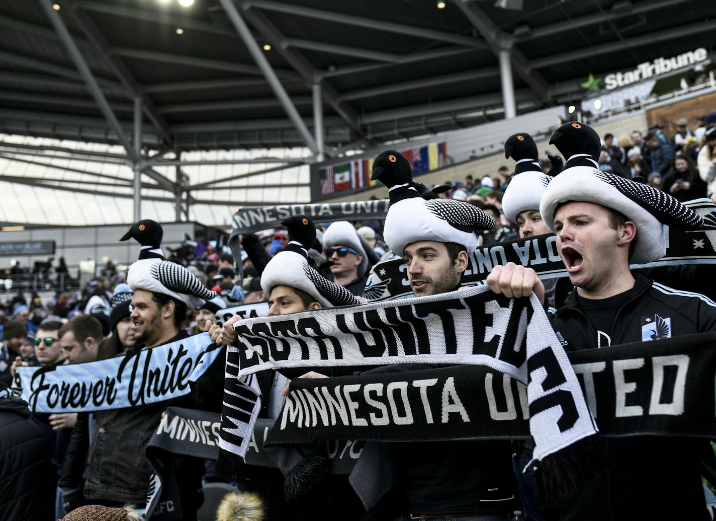 Minnesota United supporters showed their pride after the end of the first half against NYC FC. ] Aaron Lavinsky &#xa5; aaron.lavinsky@startribune.com Minnesota United played NYC FC on Saturday, April 13, 2019 at Allianz Field in St. Paul, Minn.