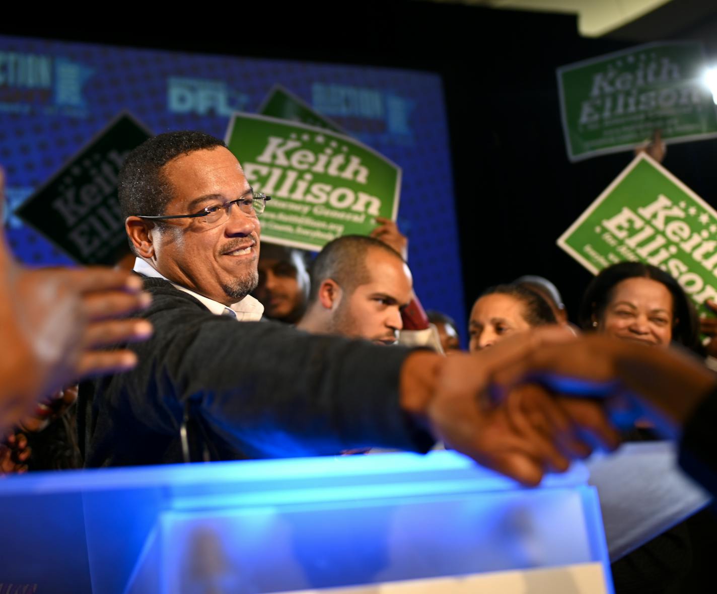 Attorney General-elect Keith Ellison shook a supporters hand after giving his acceptance speech at the DFL headquarters election party Tuesday night. ] Aaron Lavinsky &#x2022; aaron.lavinsky@startribune.com The DFL headquarters election night party was held Tuesday, Nov. 6, 2018 at the Intercontinental Hotel in St. Paul, Minn.