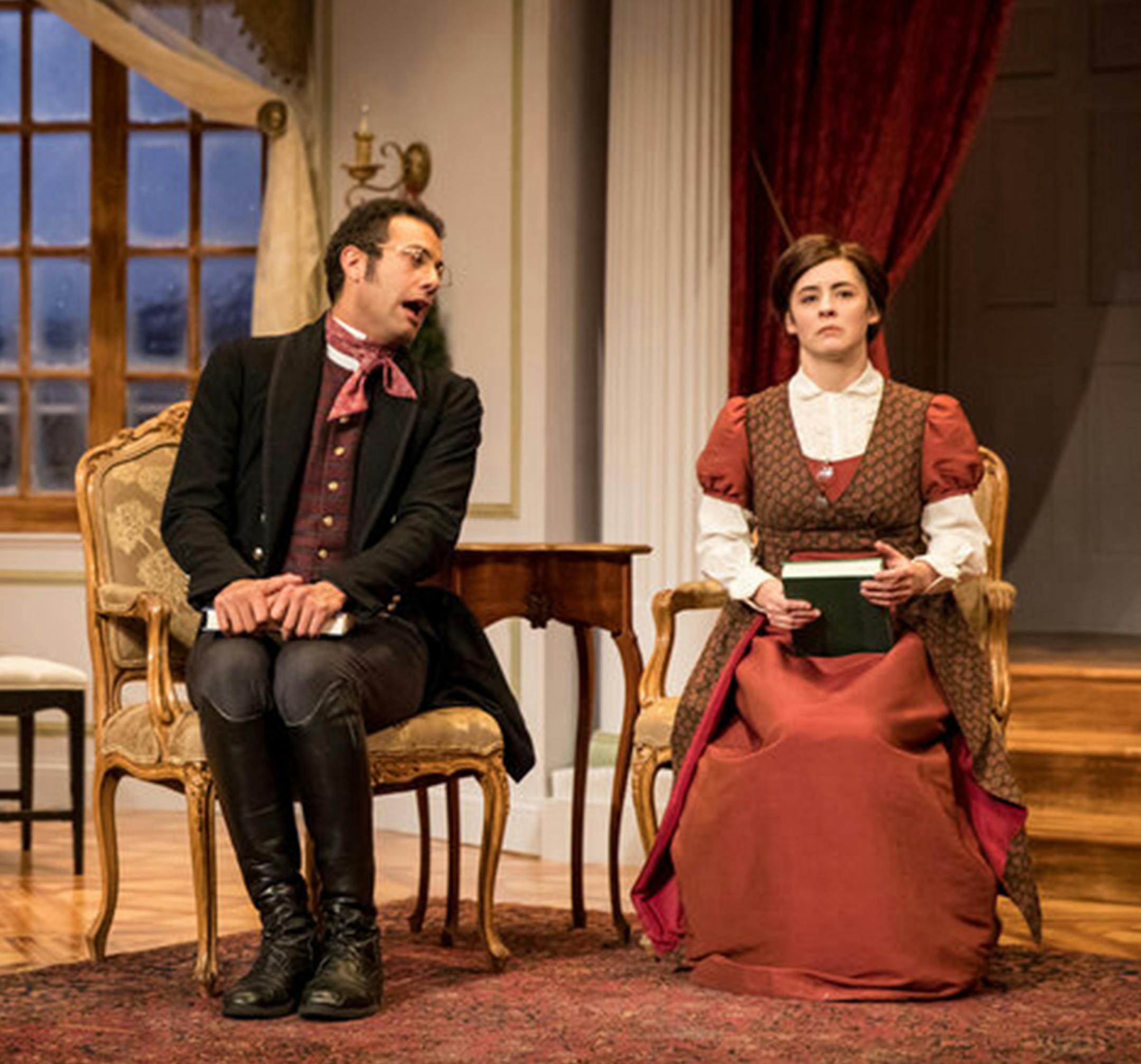 MISS BENNET: CHRISTMAS AT PEMBERLEY Arthur De Bourgh (Reese Britts) and Mary Bennet (Christian Bardin). Photo by Dan Norman.