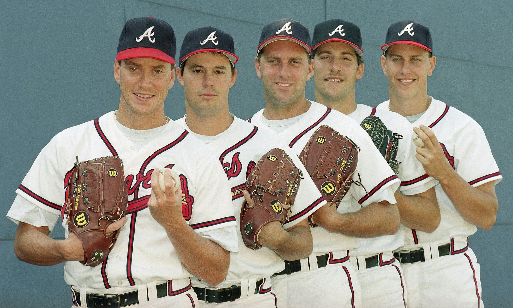Atlanta Braves starting pitching rotation, from left to right are: Tom Glavine, Greg Maddux, Pete Smith, John Smoltz and Steve Avery, seen March 1993. (AP Photo/Kathy Willens) ORG XMIT: APHS175874
