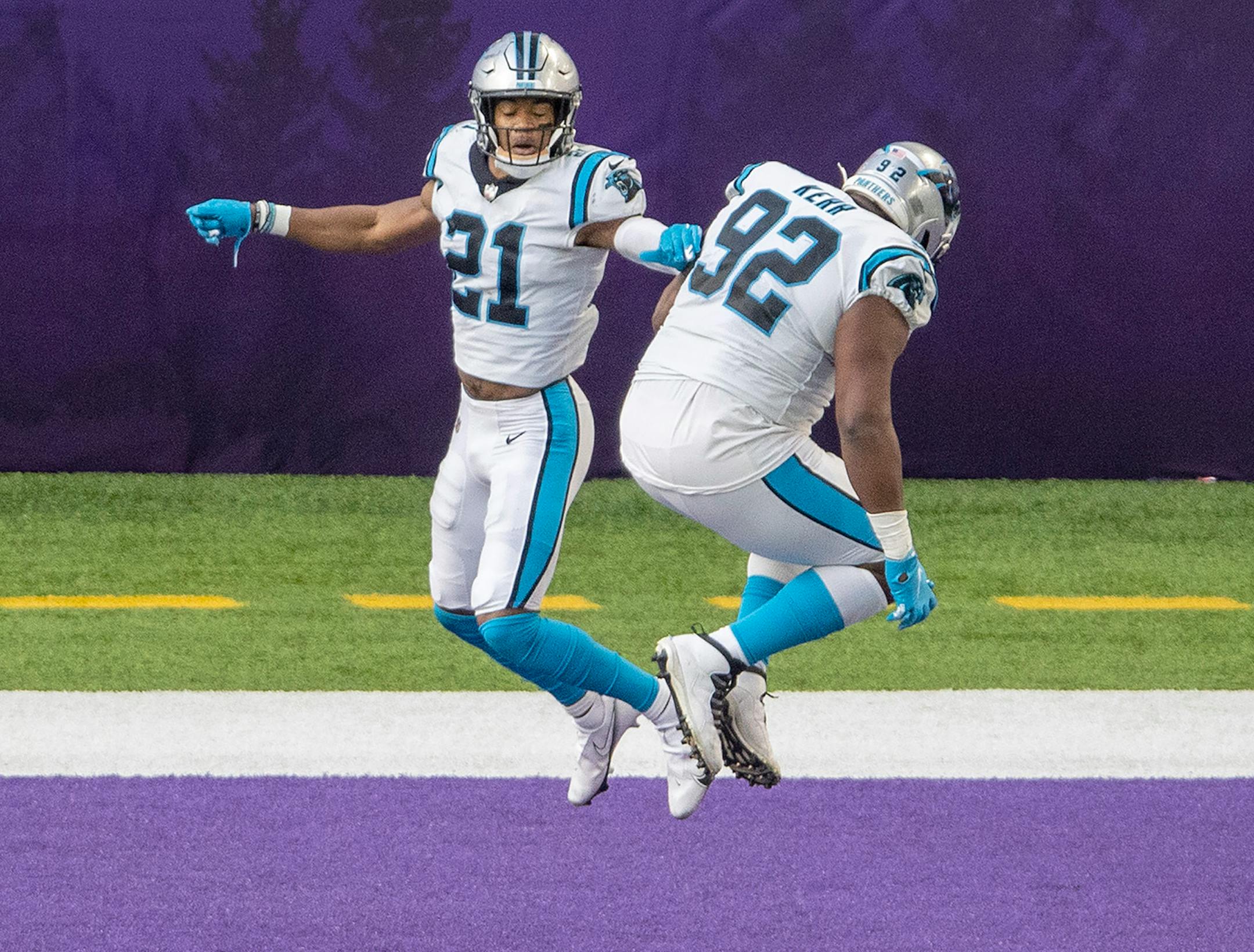 Carolina Panthers Jeremy Chinn (21) celebrated after returning a Dalvin Cook fumble in for a touchdown in the third quarter.