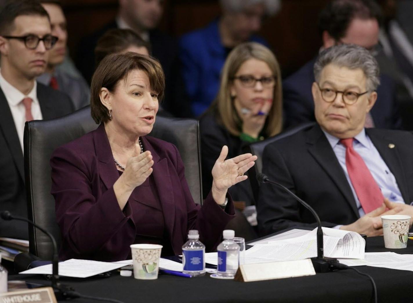 Sens. Amy Klobuchar and Al Franken question the Republican side as the Senate Judiciary Committee discusses the nomination of Supreme Court nominee Neil Gorsuch Monday.