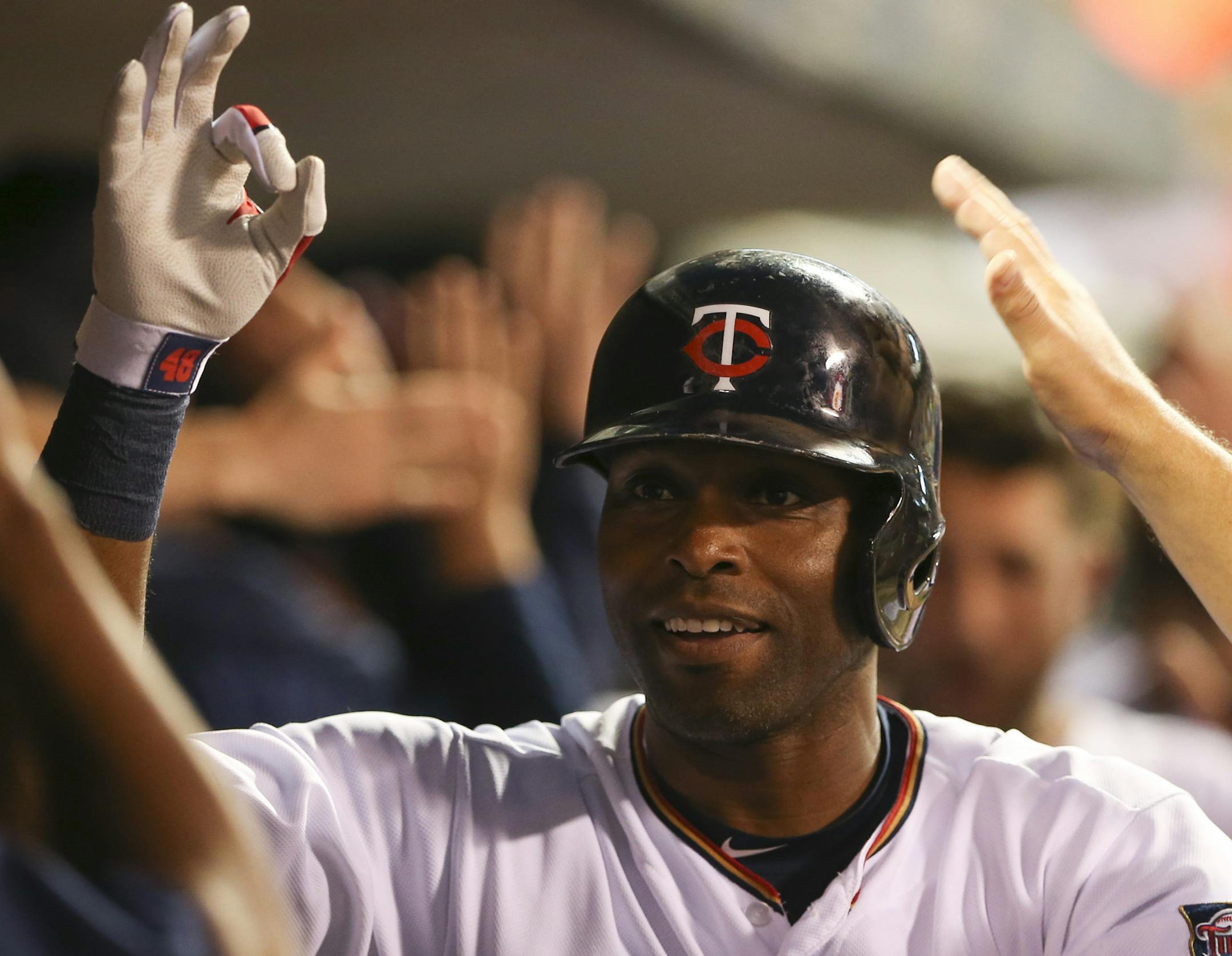 Twins right fielder Torii Hunter (48) was congratulated int he dugout after his three run homer in the first inning Thursday night at Target Field. ] JEFF WHEELER ï jeff.wheeler@startribune.com The Twins faced the Los Angeles Angels in an MLB baseball game Thursday night, September 17, 2015 at Target Field in Minneapolis.