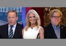White House press secretary Sean Spicer, left, presidential counselor Kellyanne Conway, and senior White House adviser Stephen Bannon have played dist