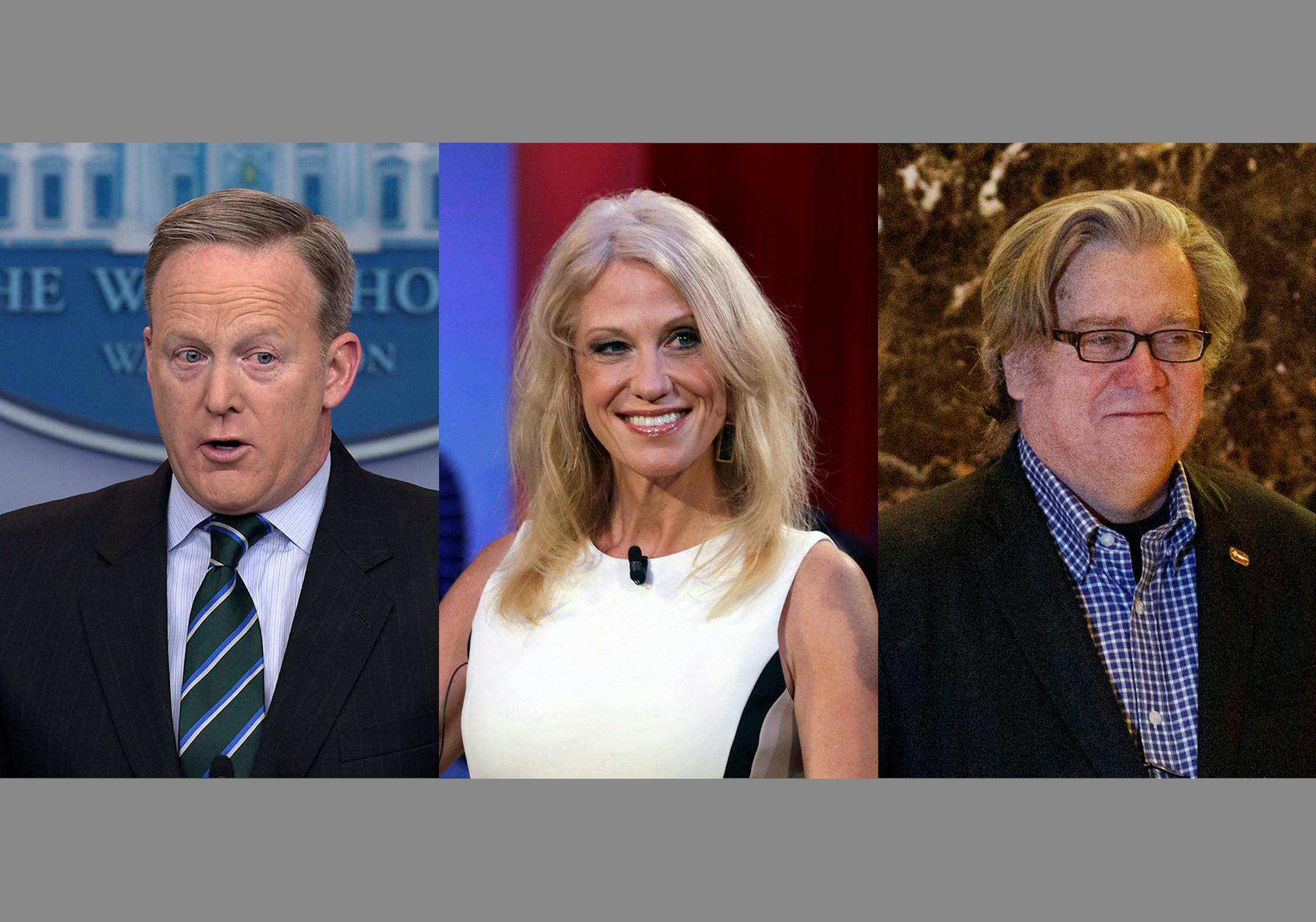 White House press secretary Sean Spicer, left, presidential counselor Kellyanne Conway, and senior White House adviser Stephen Bannon have played distinctive roles in a rhetorical drama that harkens back to George Orwell's "1984."