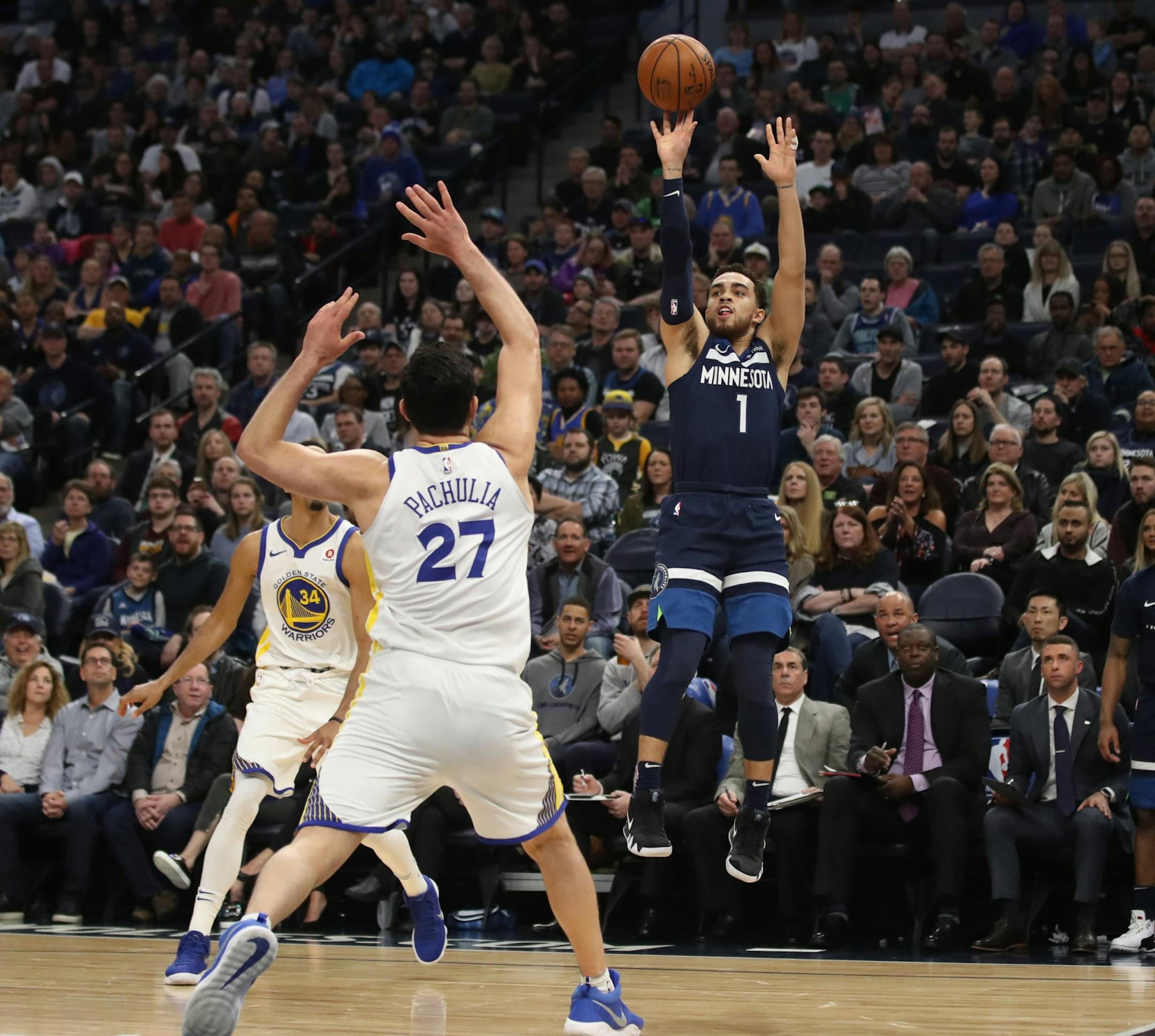 Minnesota Timberwolves guard Tyus Jones (1) hit jump shot in the first half at Target Center Sunday March 11, 2018 in Minneapolis, MN.