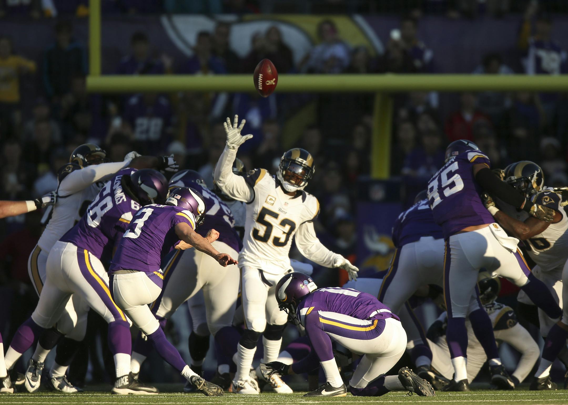 Vikings kicker Blair Walsh (3) kicked a 40 yard field goal in overtime Sunday afternoon to win the game. ] JEFF WHEELER &#xef; jeff.wheeler@startribune.com The Minnesota Vikings beat the St. Louis Rams 21-18 in overtime on a 40 yard Blair Walsh field goal Sunday afternoon, November 8, 2015 at TCF Bank Stadium in Minneapolis.