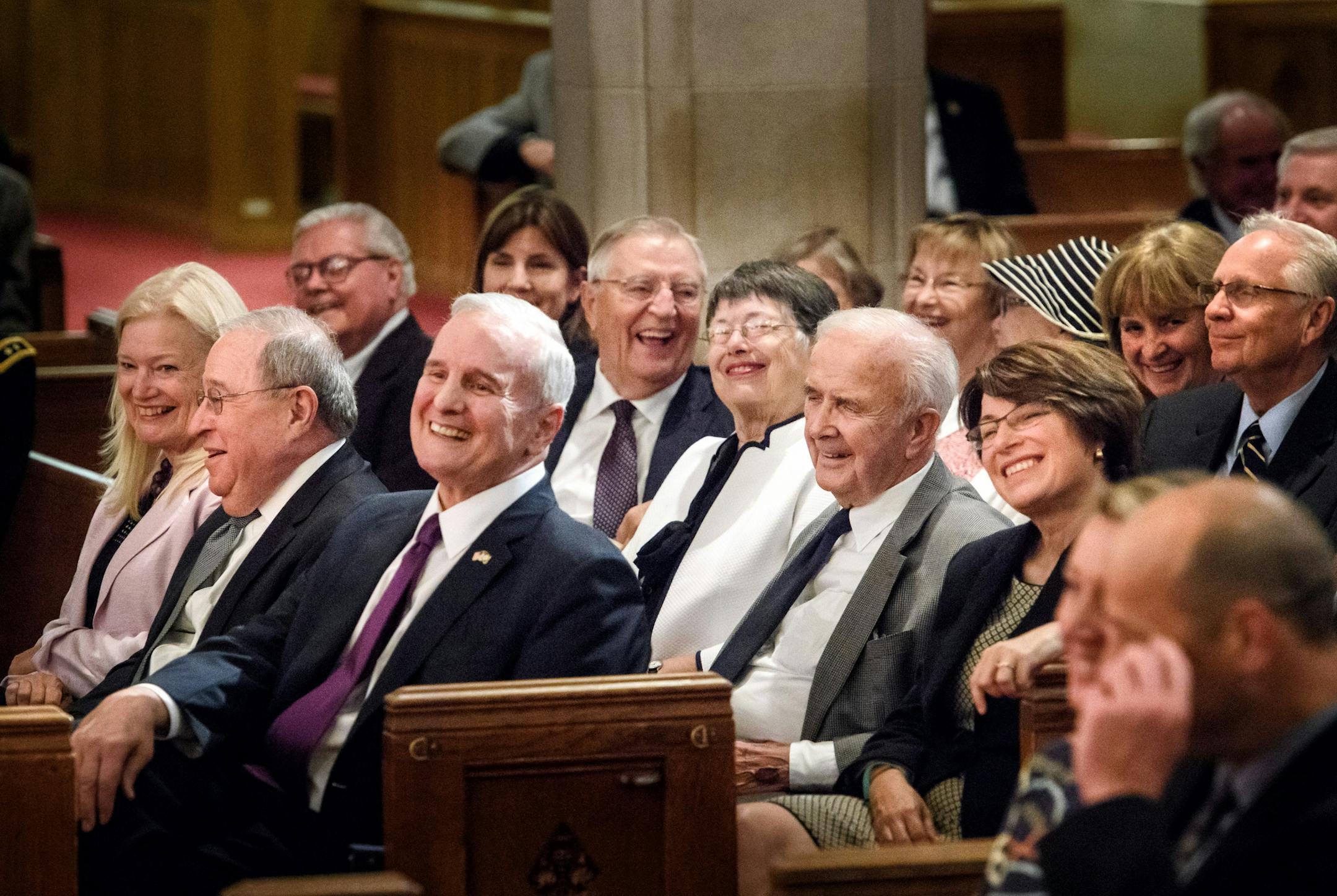 Dignitaries and friends of Former Gov. Wendell Anderson laughed as former Senate Majority Leader Roger Moe talked about Anderson. L to R are Randy and David Lebedoff, Governor Mark Dayton, Vice President Walter Mondale, Marge and Warren Spannaus, Senator Amy Klobuchar, Former Governor Arne Carlson. ] GLEN STUBBE * gstubbe@startribune.com Monday, August 15, 2016 Former Gov. Wendell Anderson's funeral was held Monday at Mount Olivet Lutheran Church, Minneapolis.