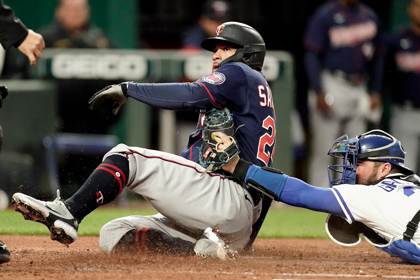 Gary Sanchez is tagged out at home by Kansas City catcher Cam Gallagher during the third inning