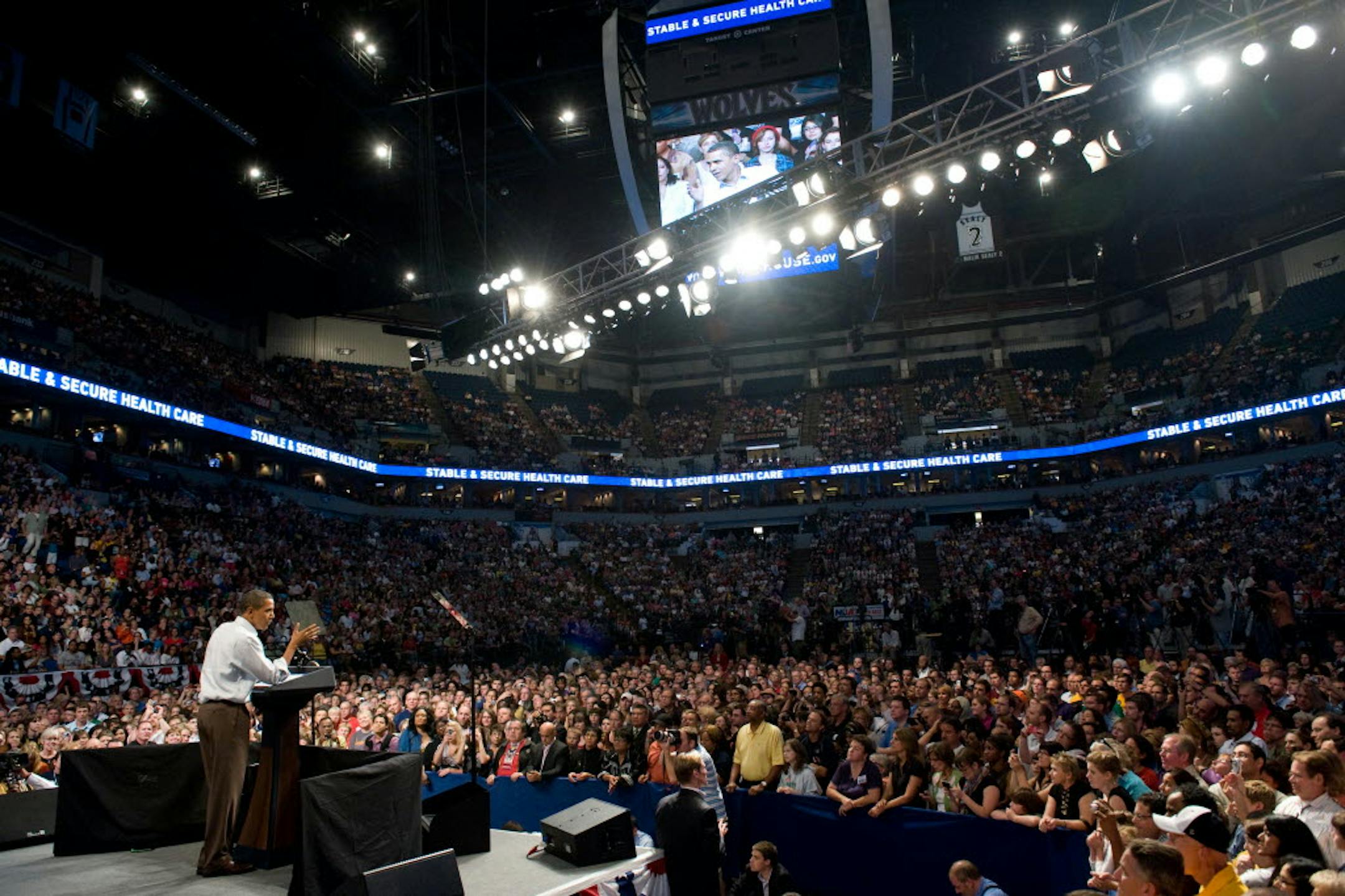 President Obama addresses a packed house at Target Center .