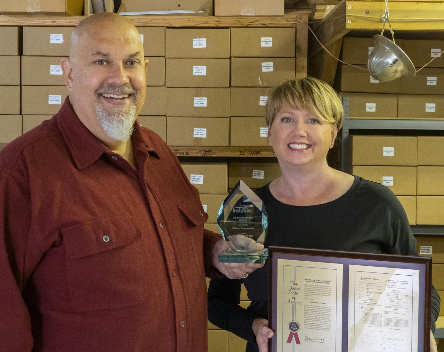 Greg and Betsy Amundson hold a patent awarded for their InstaTrim replacement product for caulk.