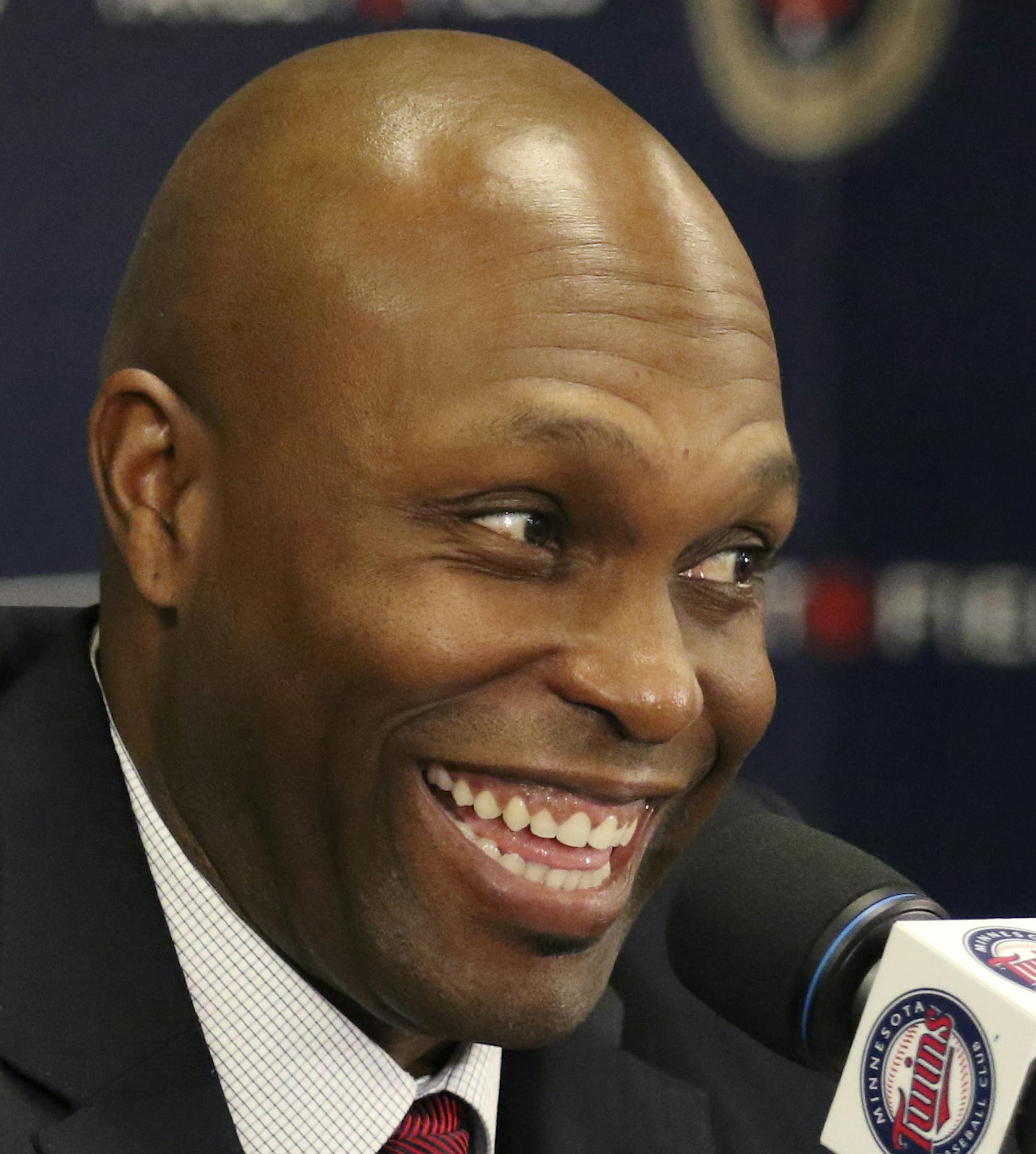 Twins Torii Hunter announced his retirement last week, but explained his decision at a press conference today at Target Field. Here, Torii looks to his wife Katrina in the front row after suggesting that they will finally have to go to that nude beach they've been dreaming about. ] Brian.Peterson@startribune.com Minneapolis, MN - 11/05/2015