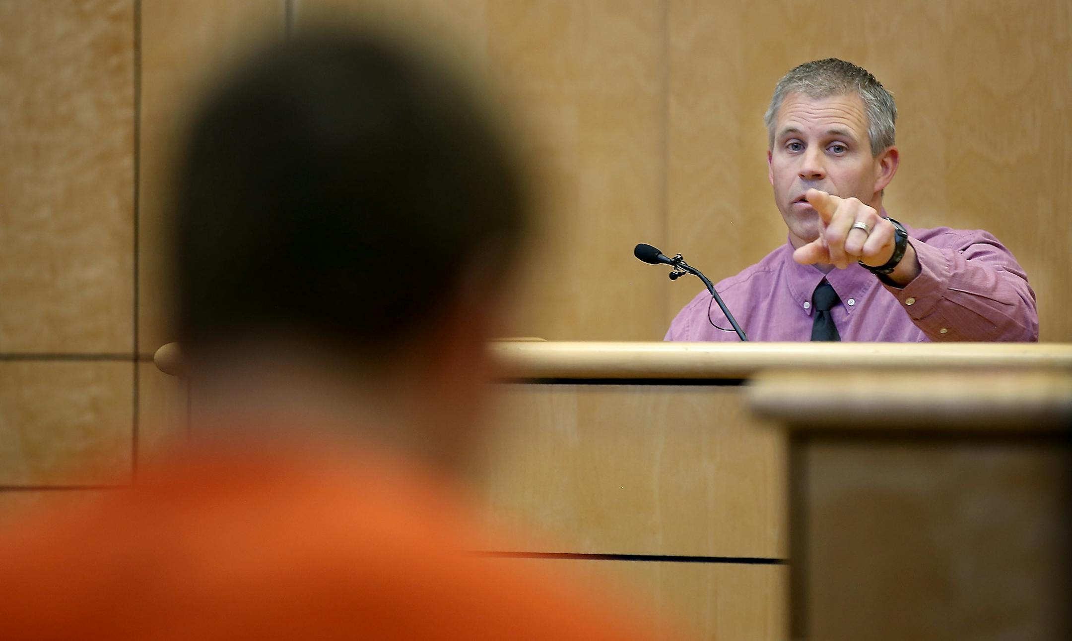 Investigator Rick Gearhart identified19-year-old Levi Acre-Kendall in the Polk County Justice Center as he was being questioned by Polk County District Attorney Daniel Patrick Steffen, Wednesday, April 22, 2015 in Balsam Lake, WI.