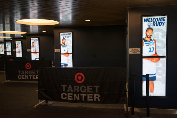 Signage welcoming new Minnesota Timberwolves center Rudy Gobert are on display Wednesday, July 6, 2022 at Target Center in Minneapolis. ]