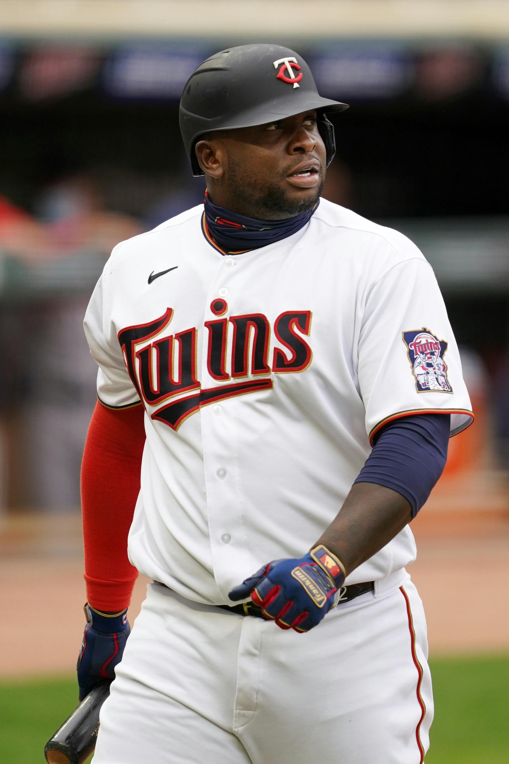 Minnesota Twins first baseman Miguel Sano (22) looked back after he stuck out swinging in the seventh inning.
