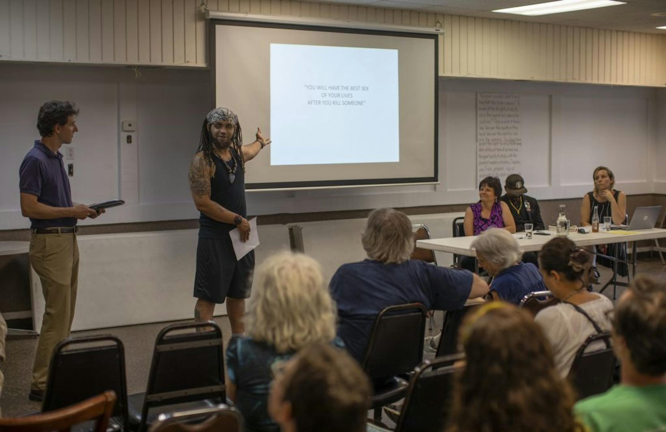 At the beginning of the forum, Curtis Avent, of Justice Occupation for Philando, talked about one of the ideas a proponent of fear-based training, Lt. Col Dave Grossman espouses at his seminars for law enforcement.