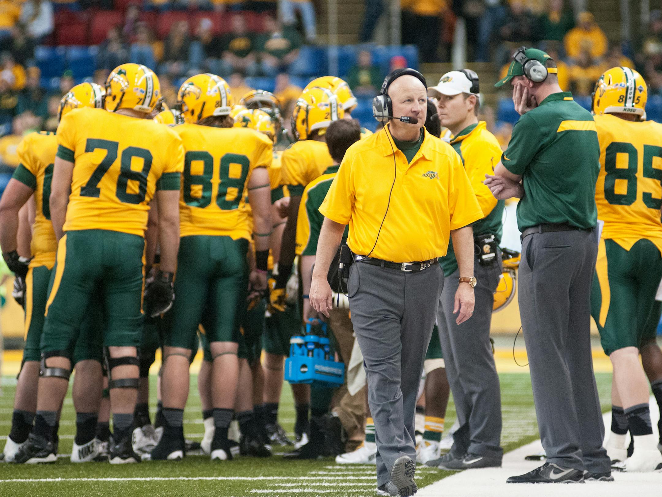 North Dakota State head football coach Craig Bohl walks the sideline during an NCAA college football game in the quarterfinals of the Football Championship Subdivision playoffs against Coastal Carolina Saturday, Dec. 14, 2013, in Fargo, N.D. (AP Photo/Kevin Cederstrom)