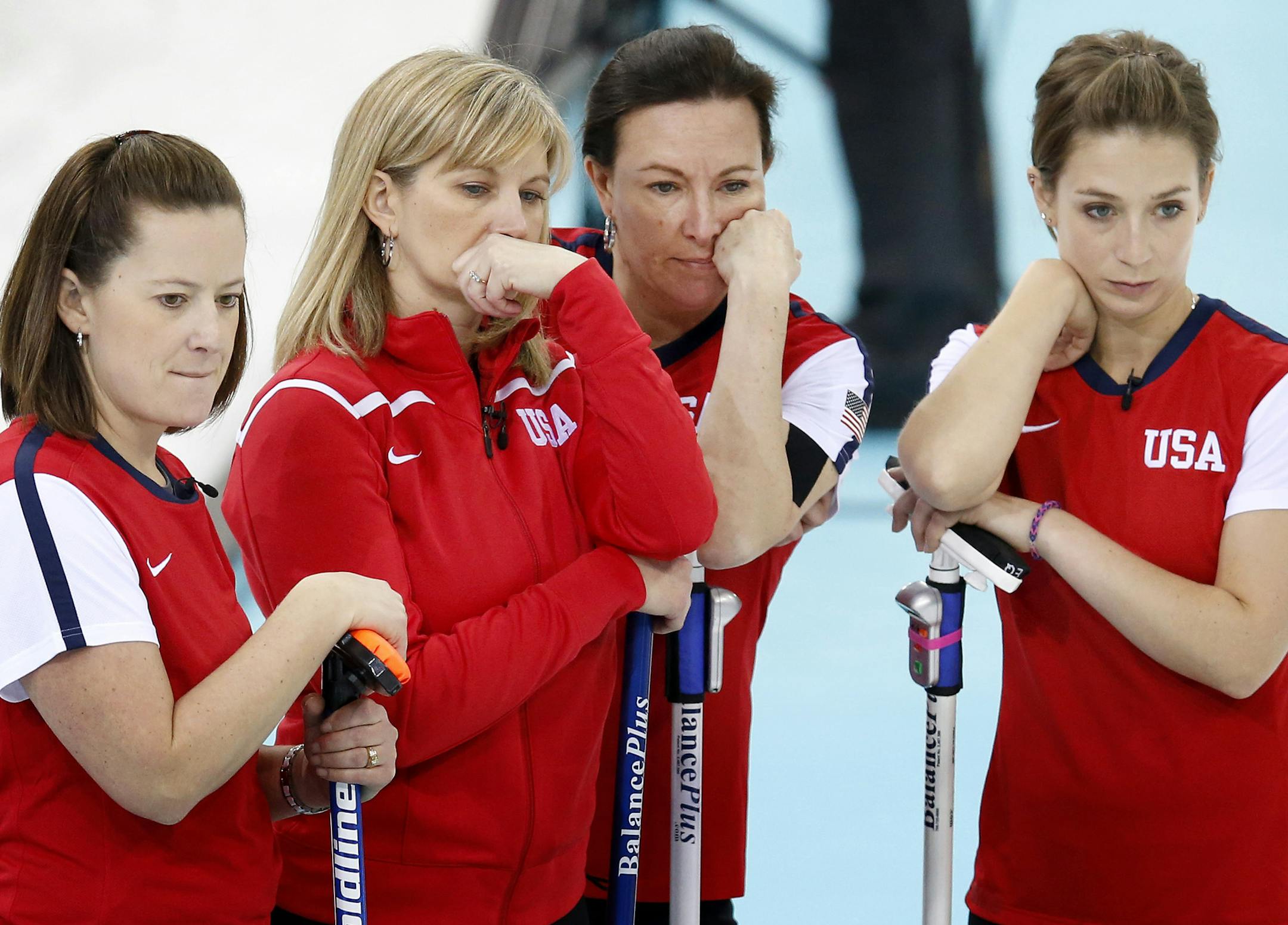 Debbie McCormick, Erika Brown, Ann Swisshelm and Jessica Schultz watched their opponents during Friday's draw. Denmark beat USA 9-2. ] CARLOS GONZALEZ cgonzalez@startribune.com - February 14, 2013, Sochi, Russia, Sochi 2014 Winter Olympics, The Ice Cube Curling Center, Women's Curling, USA vs. Denmark