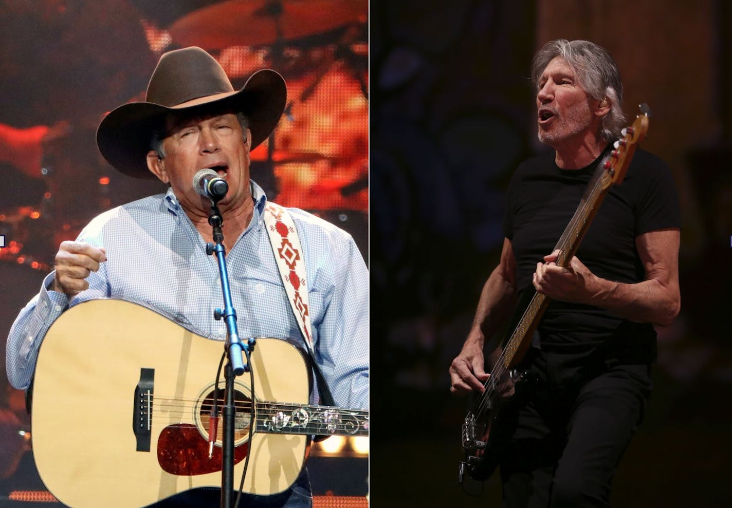 George Strait, left, rebooked for Nov. 13, 2021, while Roger Waters' Minneapolis date is now July 30, 2022.