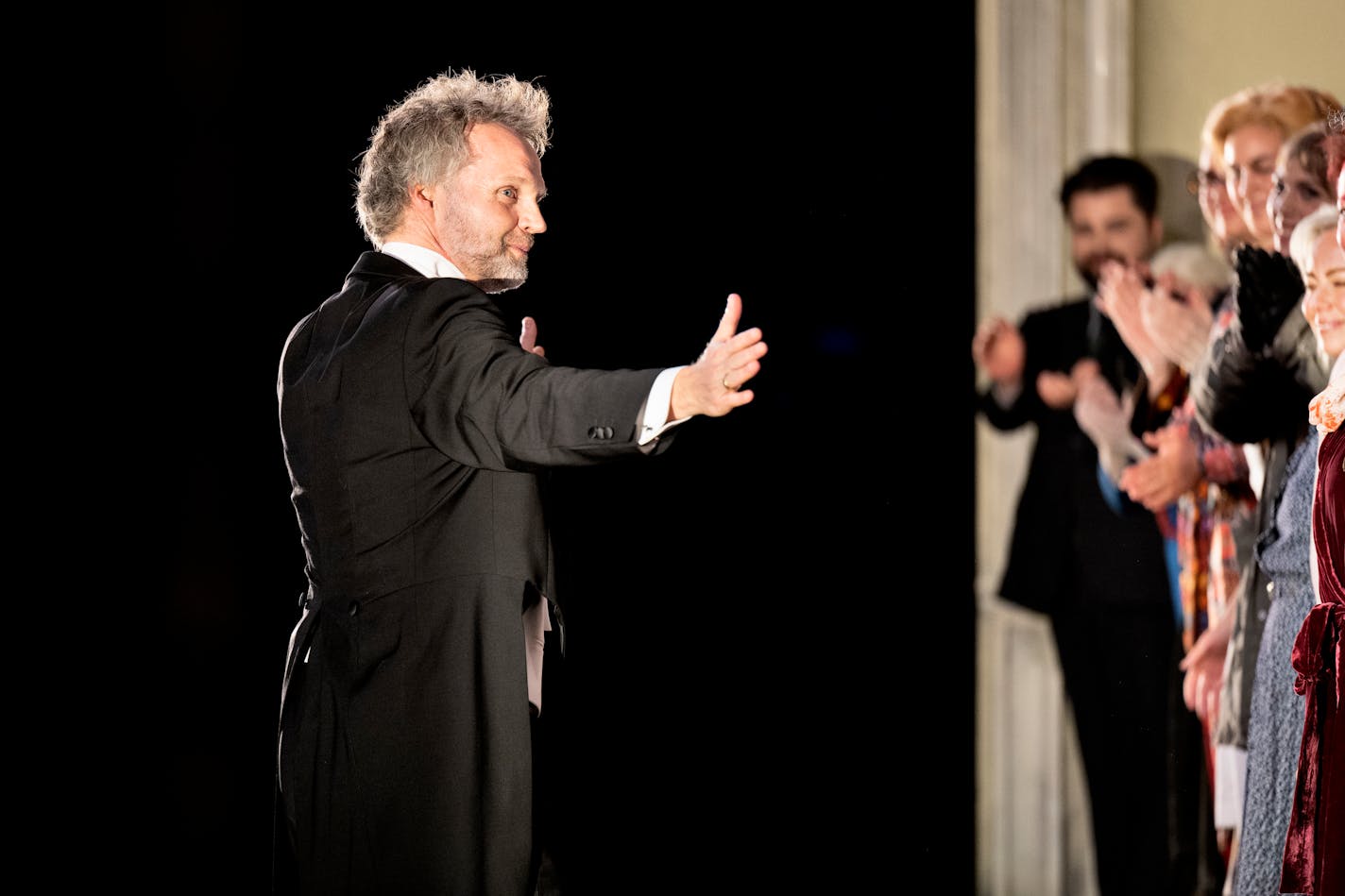 Thomas Søndergård leaves the stage after his last performance of 'Elektra' on April 21, 2023 at the Copenhagen Opera House.