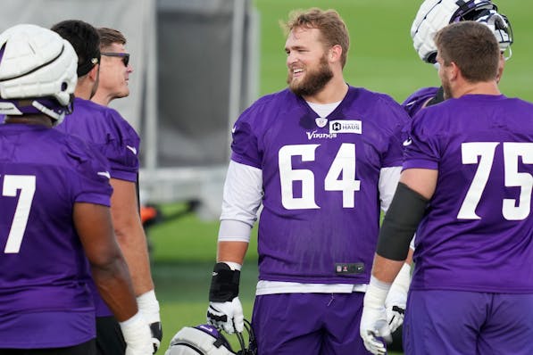 Left guard Blake Brandel (64), shown at training camp last year, said the continuity of the offensive line is one of the reasons he re-signed with the
