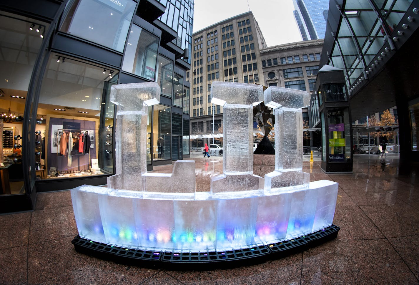 A Superbowl LII ice sculpture outside the IDS Crystal Court 100 days before the Super Bowl .