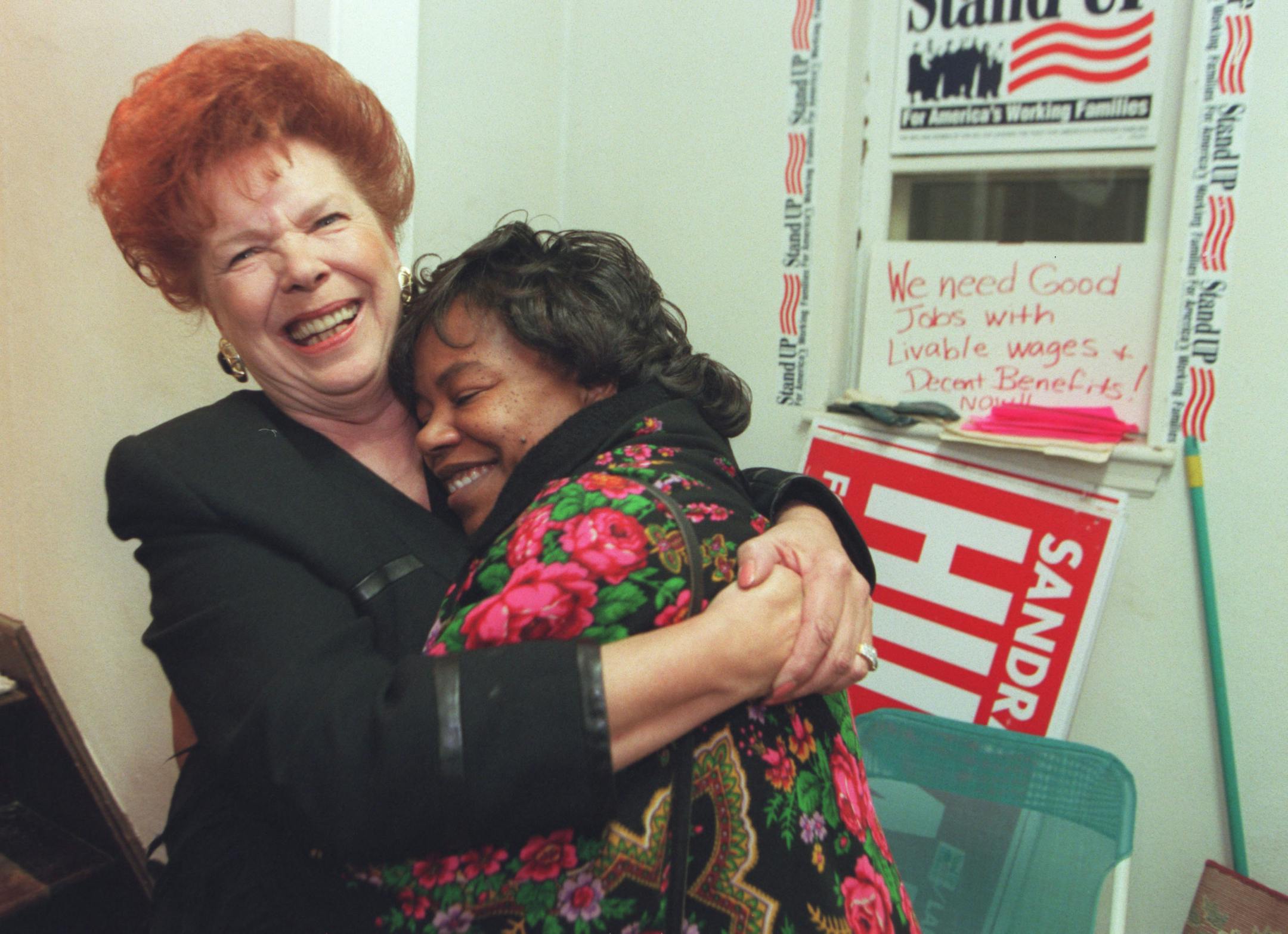 Sandra Hilary had an enthusiastic hug for Minneapolis Mayor Sharon Sayles Belton after an election victory.
