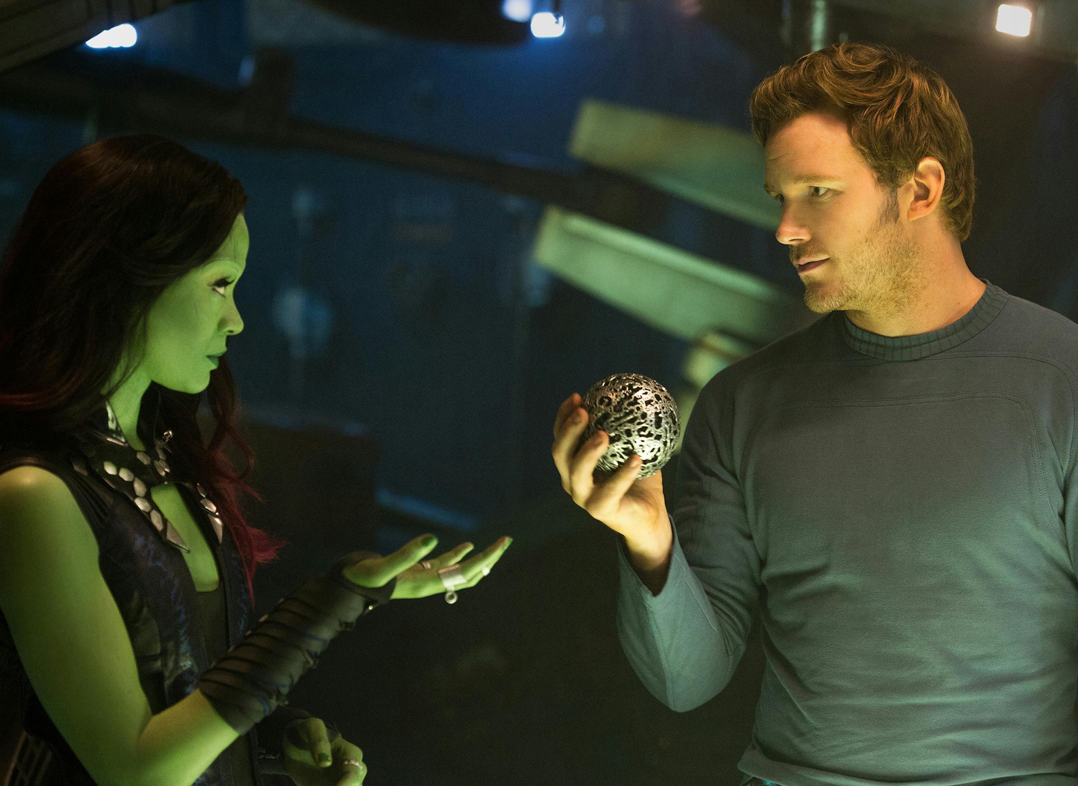Marvel-Disney Zoe Saldana as Gamora and Chris Pratt as Peter Quill in Marvel's "Guardians of the Galaxy."