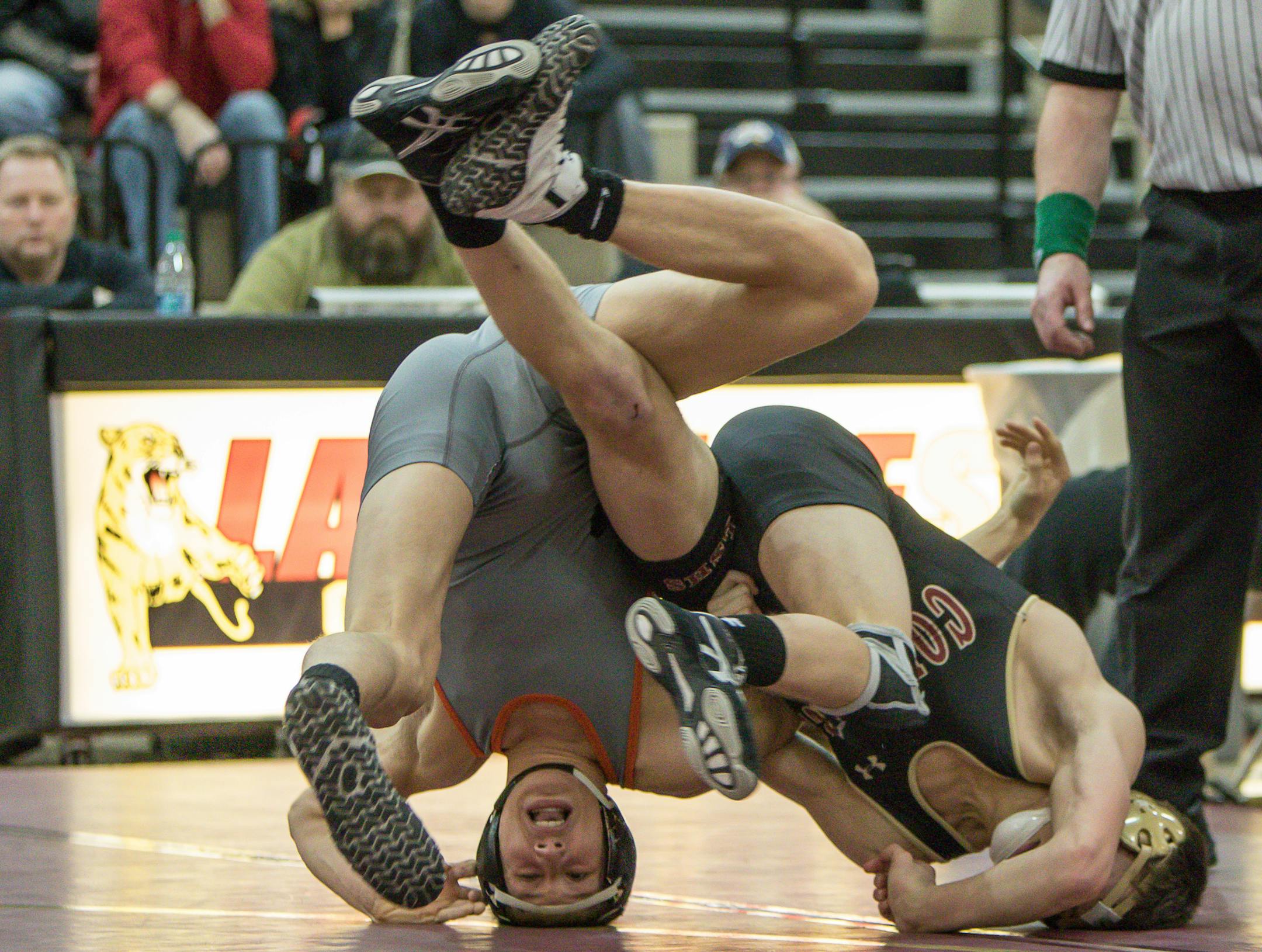Lakeville South junior Shawn Barth wrestles Farmington senior Jamin LeDuc on February 5, 2016 at Lakeville South High School, Lakeville, Minnesota. ] Special to Star Tribune MATT BLEWETT ï matt@mattebphoto.com - January 29, 2016,., 757337, PSOUTH022116