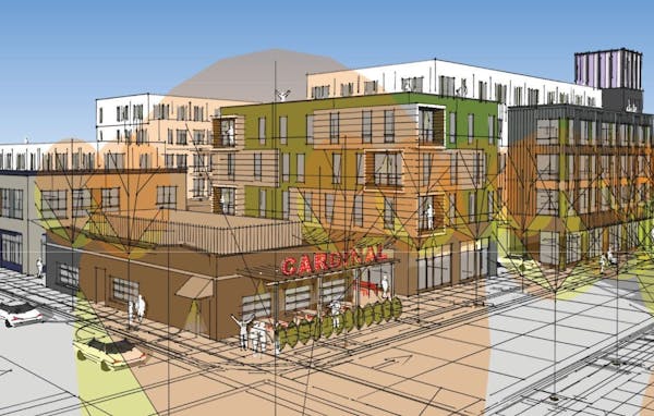 A rendering shows part of the proposed development on the corner of 38th Street and the new public street. Lander Group