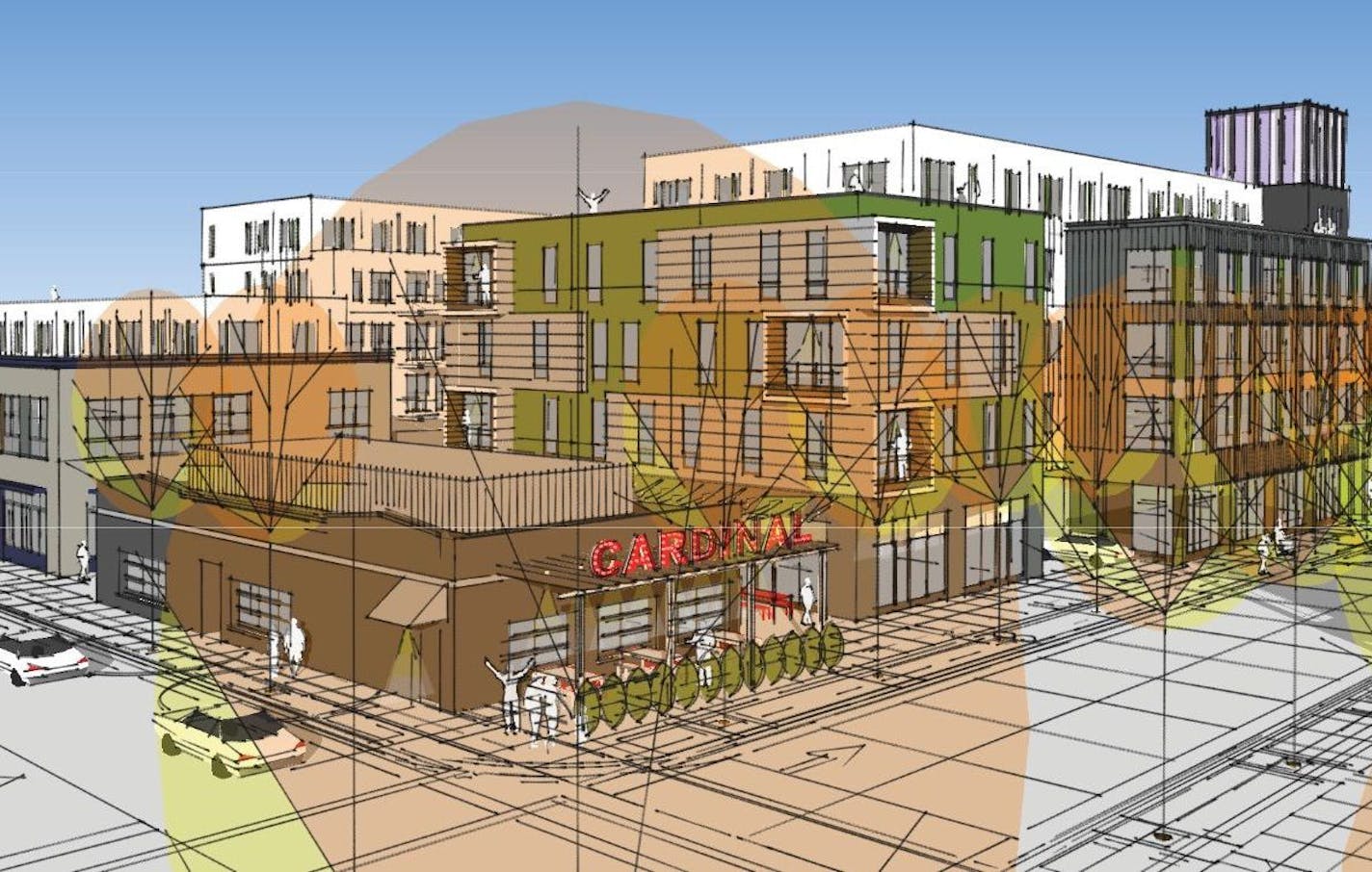 A rendering shows part of the proposed development on the corner of 38th Street and the new public street. Lander Group