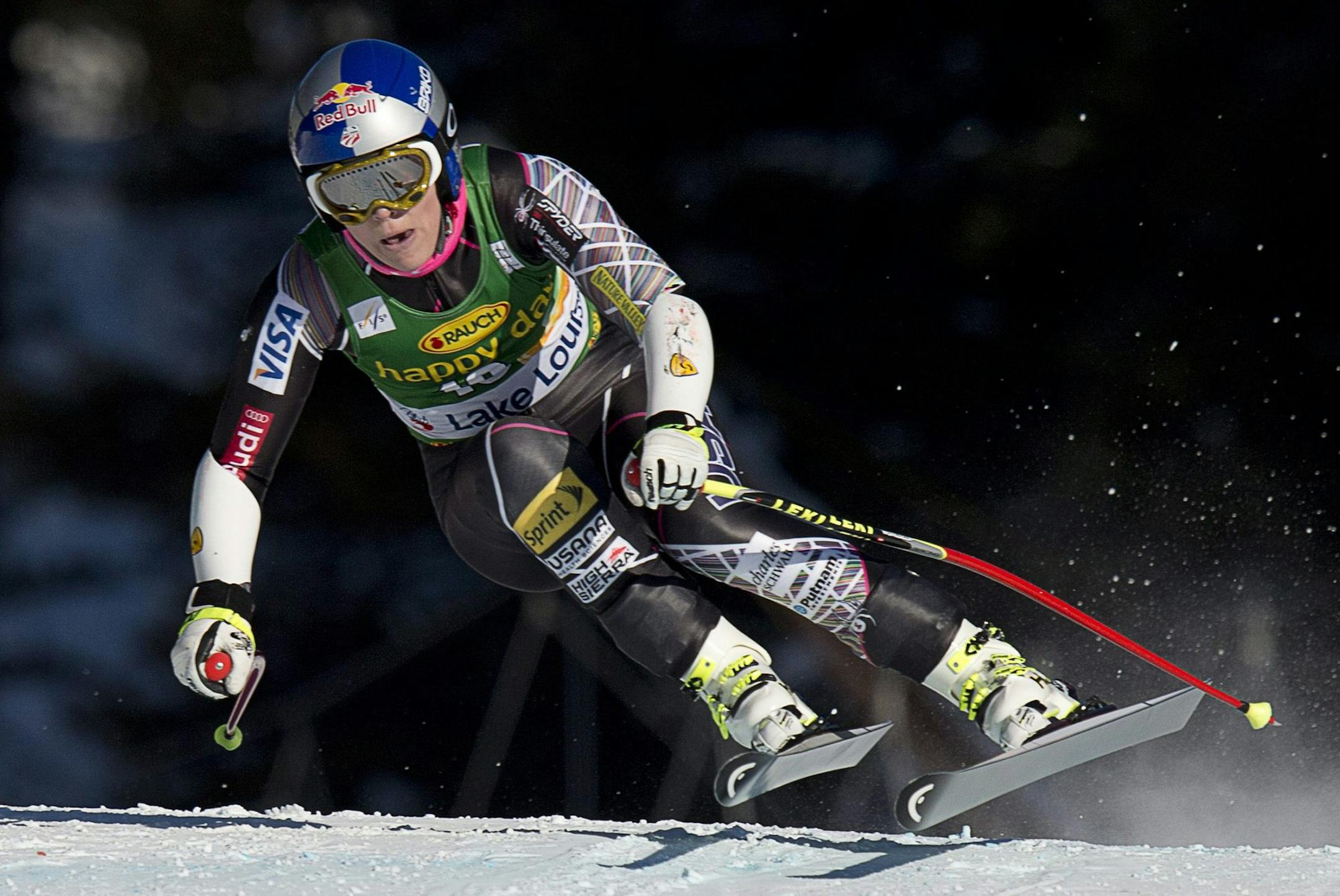 FILE - In this Dec. 8, 2013 file photo, Lindsey Vonn races during the women's World Cup super-G skiing event at Lake Louise, Alberta, Canada. For the first time in 10 months, Lindsey Vonn plans to ski again when she makes a few modest turns on an Austrian training slope Wednesday, Oct. 1, 2014.