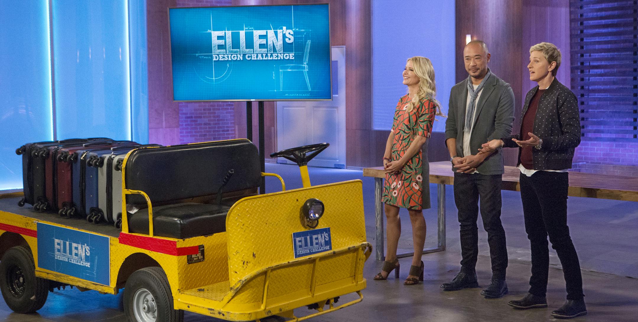 This image released by HGTV shows judges Christiane Lemieux, from left, and Cliff Fong with Ellen DeGeneres during the taping of "Ellen's Design Challenge," returning for a second season on at 9 p.m. EST on HGTV. (Gilles Mingasson/HGTV via AP)