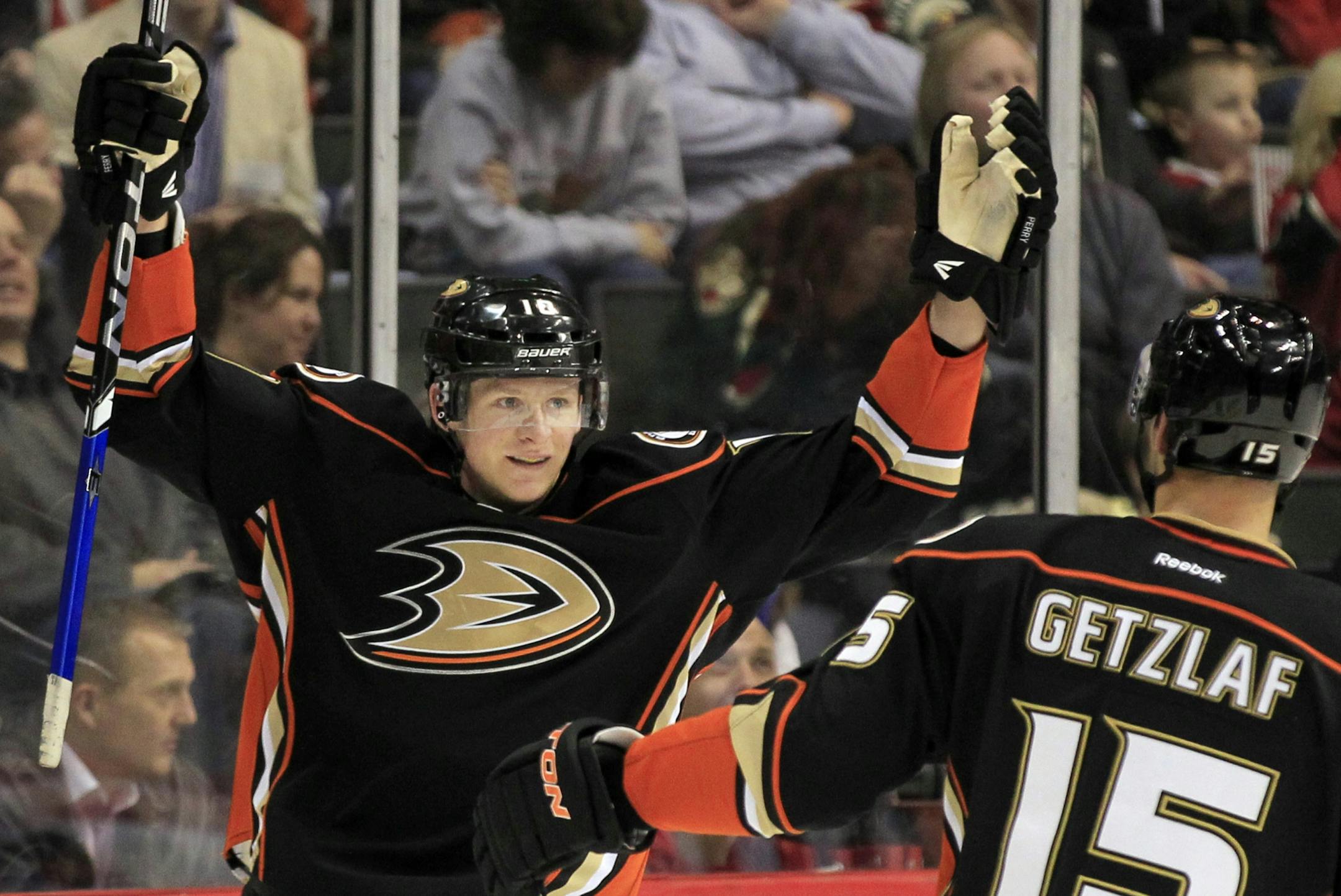 Corey Perryc elebrated his third-period goal against the Wild.