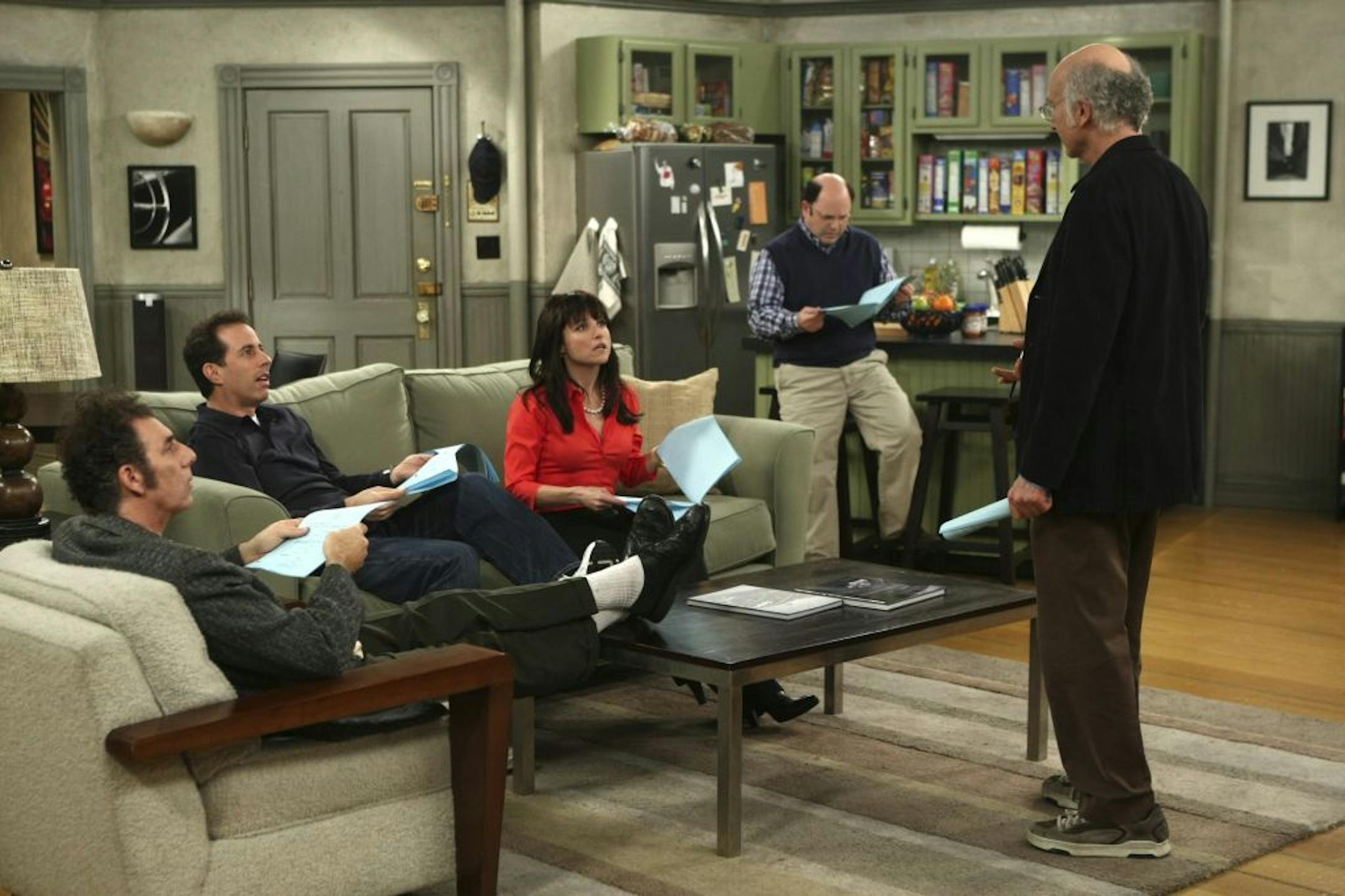 Michael Richards, Jerry Seinfeld, Julia Louis-Dreyfus, Jason Alexander and Larry David on "The Table Read" episode of "Curb Your Enthusiasm."