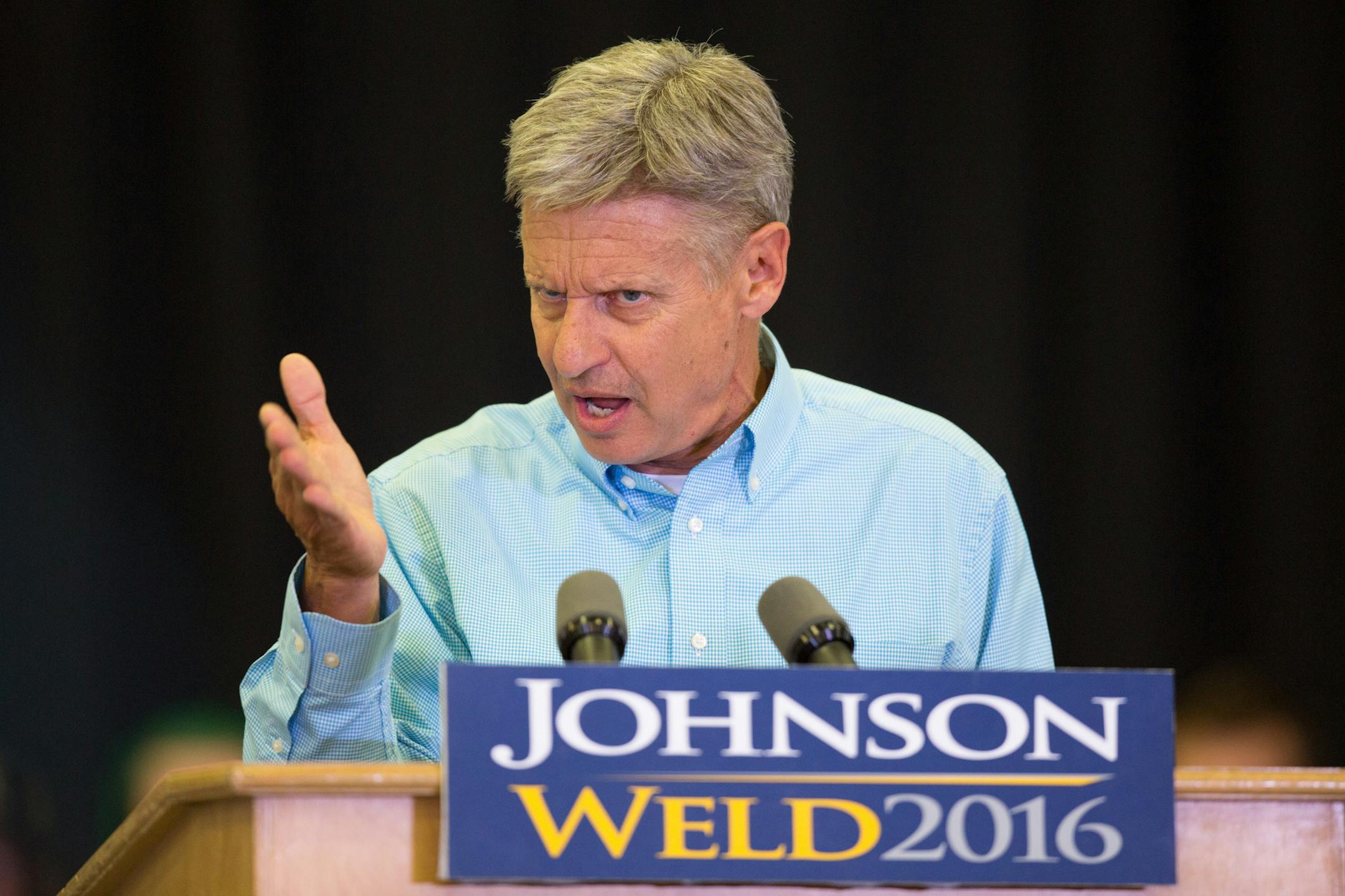 Libertarian presidential candidate Gary Johnson speaks during a campaign rally, Saturday, Sept. 3, 2016, at Grand View University in Des Moines, Iowa. (AP Photo/Scott Morgan)