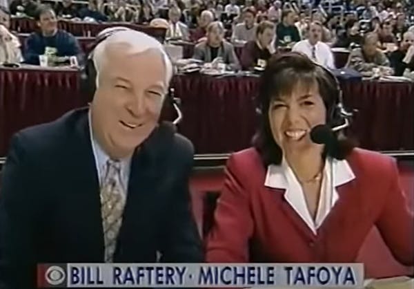 Michele Tafoya joined Bill Rafterty on CBS’ call of the 1996 NCAA men’s basketball tournament after Sean McDonough became ill.