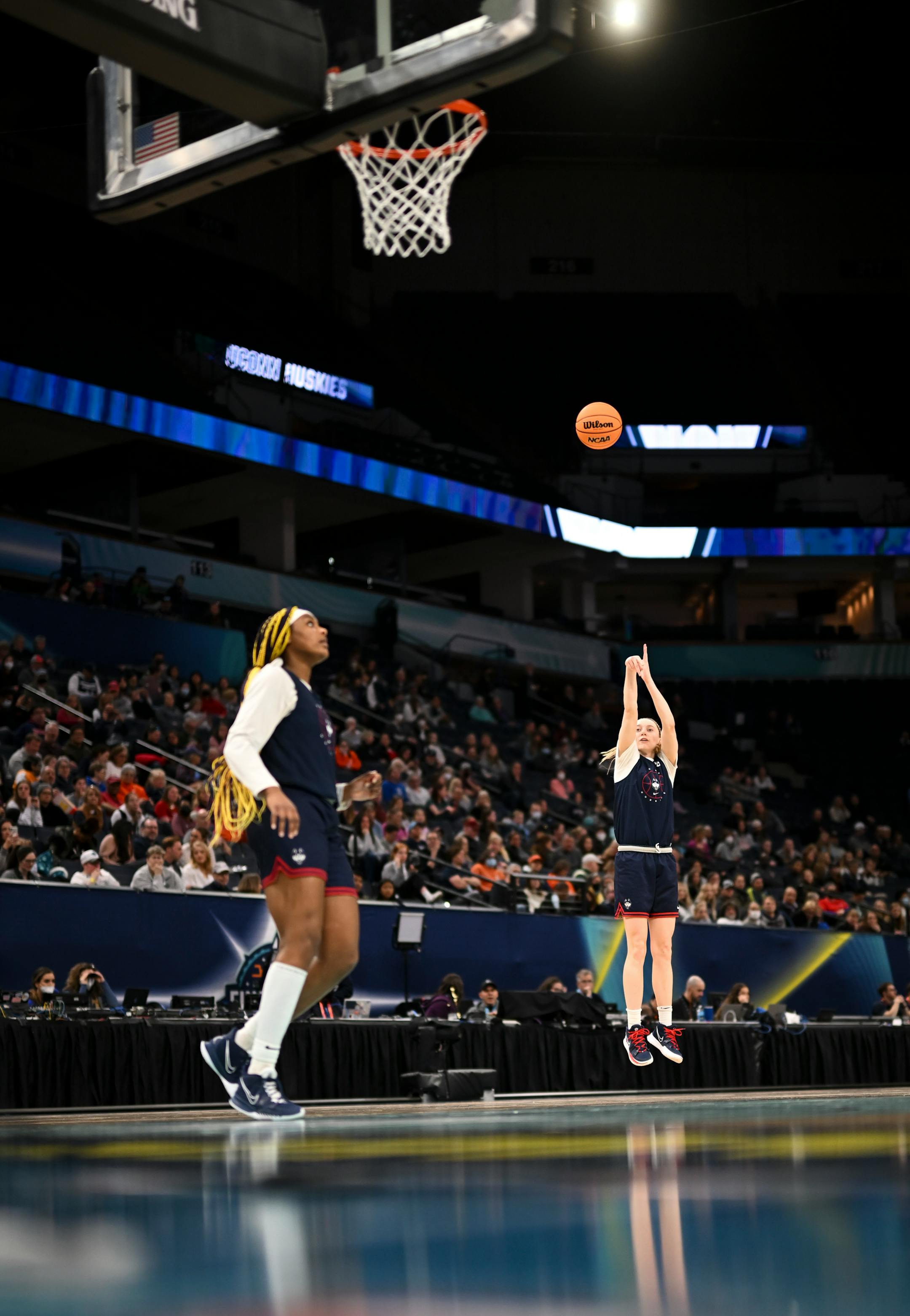 UConn forward Aaliyah Edwards (3) watches as guard Paige Bueckers (5) attemps a shot during a Final Four open practice held Saturday, April 2, 2022 at Target Center in Minneapolis, Minn.