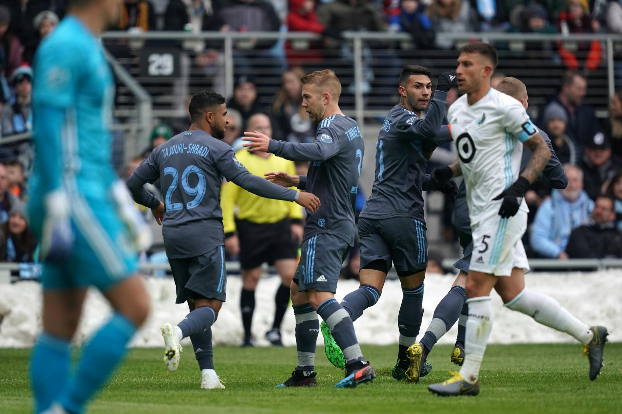 New York City players celebrated after scoring on Minnesota United goalkeeper Vito Mannone (1) in the first half.