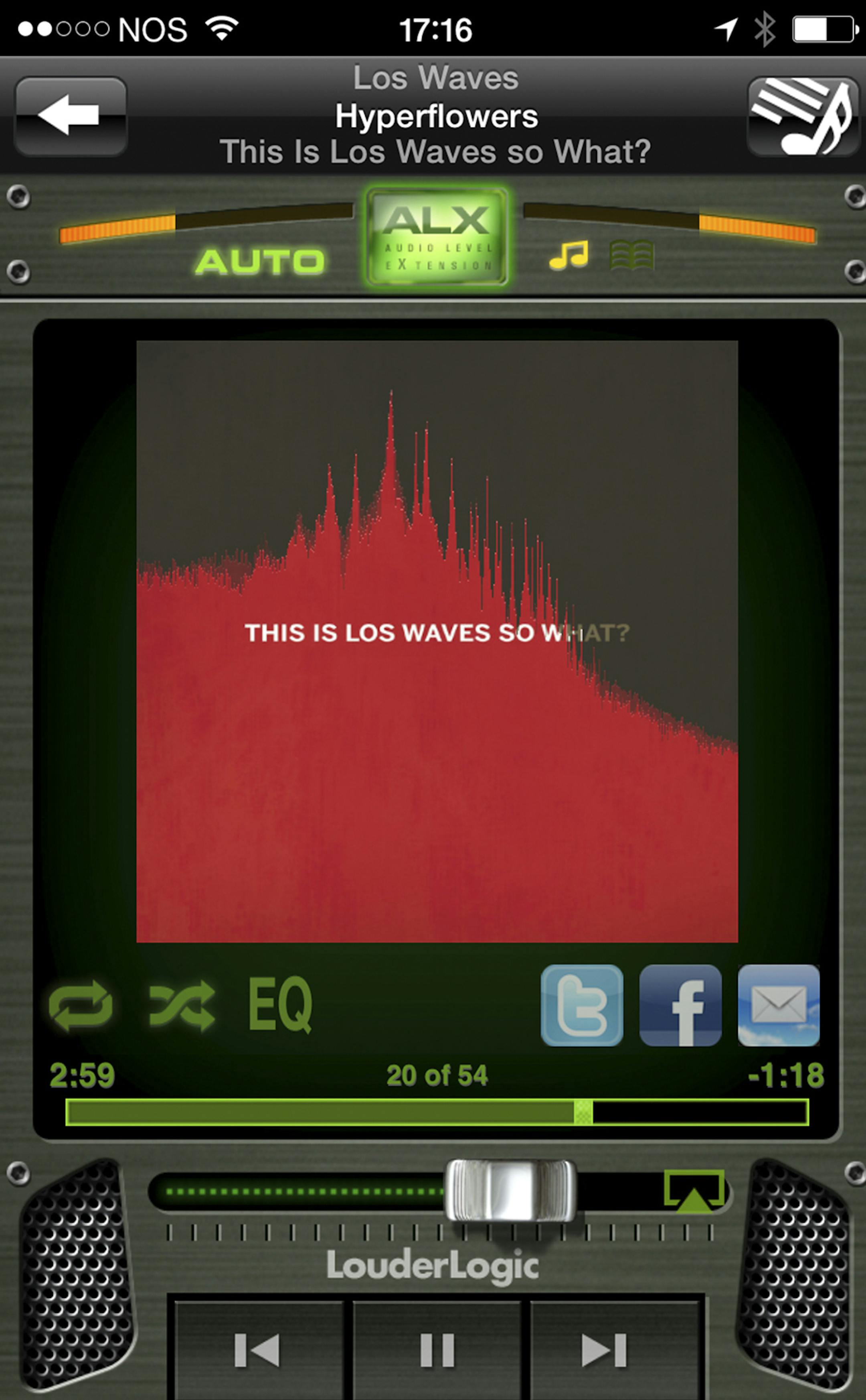 In an undated handout photo, a screenshot of the LouderLogic Free app on iOS. LouderLogic functions just like the iPhone‚Äôs Music app and looks much like any other music-playing app, except for a large green button labeled ‚ÄúALX‚Äù that turns on its ‚ÄúAudio Level eXtension‚Äù technology, which makes tones sound much warmer and vocals seem brighter. (Handout via The New York Times) -- NO SALES; FOR EDITORIAL U