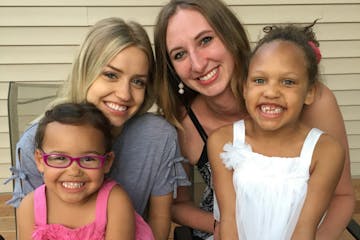 Anagret and Kyrkja Rydland with their birth mothers Greta Guldseth and Jenna Yentsch.