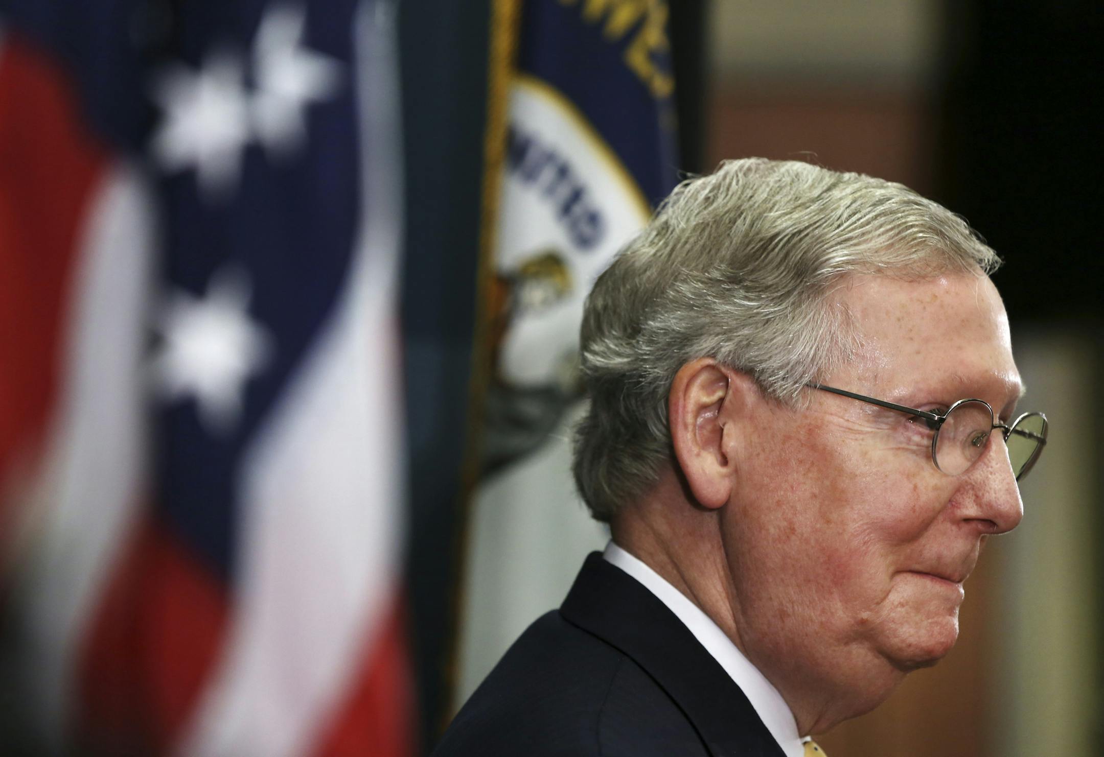 Senate Minority Leader Mitch McConnell (R-Ky.) addresses a news conference at the University of Louisville, Nov. 5, 2014. McConnell, who is likely to lead the new Republican majority in the Senate, pledged a spirit of cooperation. “When the American people choose divided government, I don’t think it means they don’t want us to do anything,” McConnell said. (Todd Heisler/The New York Times)