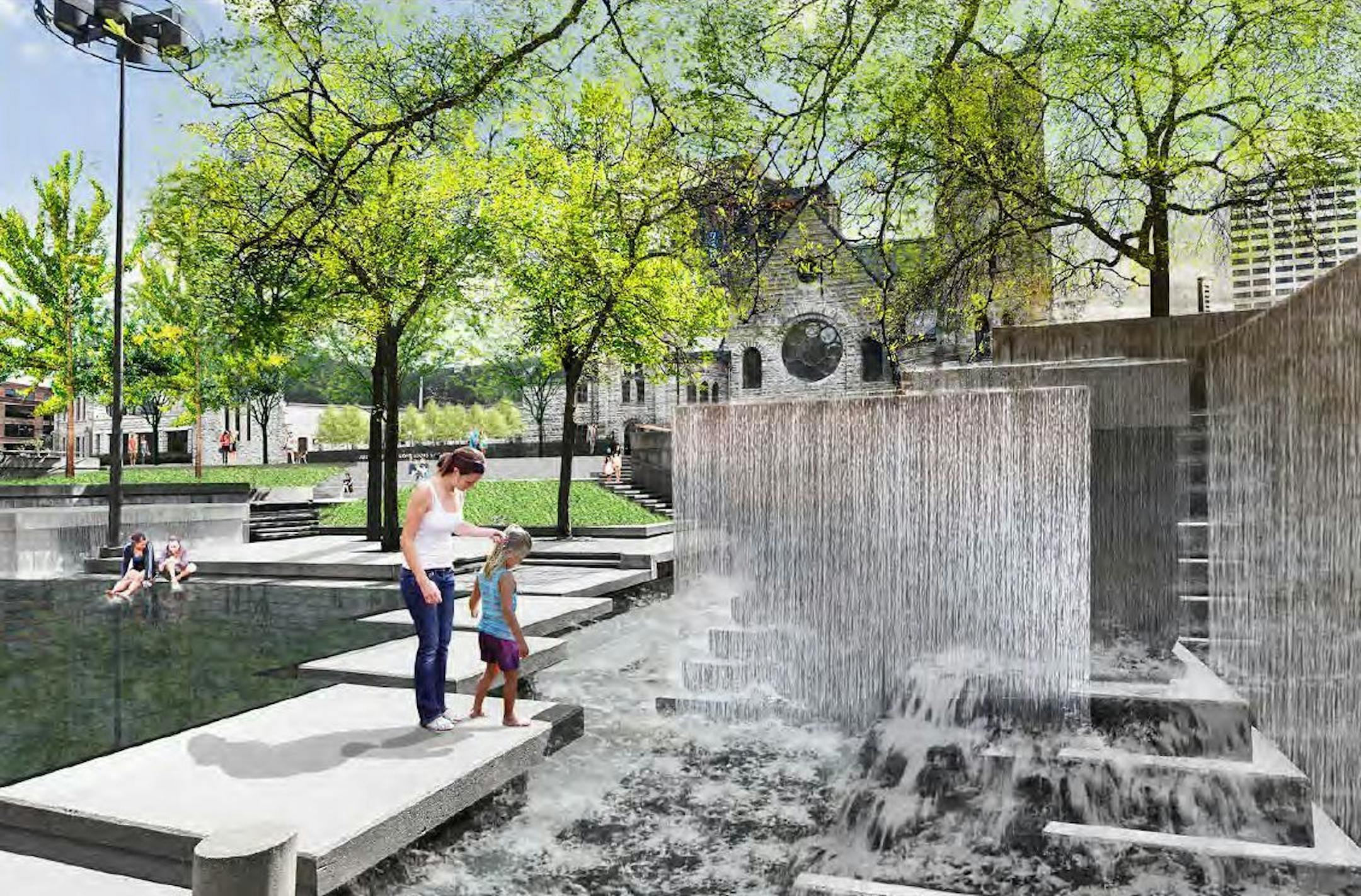 New preliminary plans by Minneapolis-based landscape architecture firm Coen + Partners show Peavey Plaza's water features, including fountains and a reflecting pool, that will be refurbished.