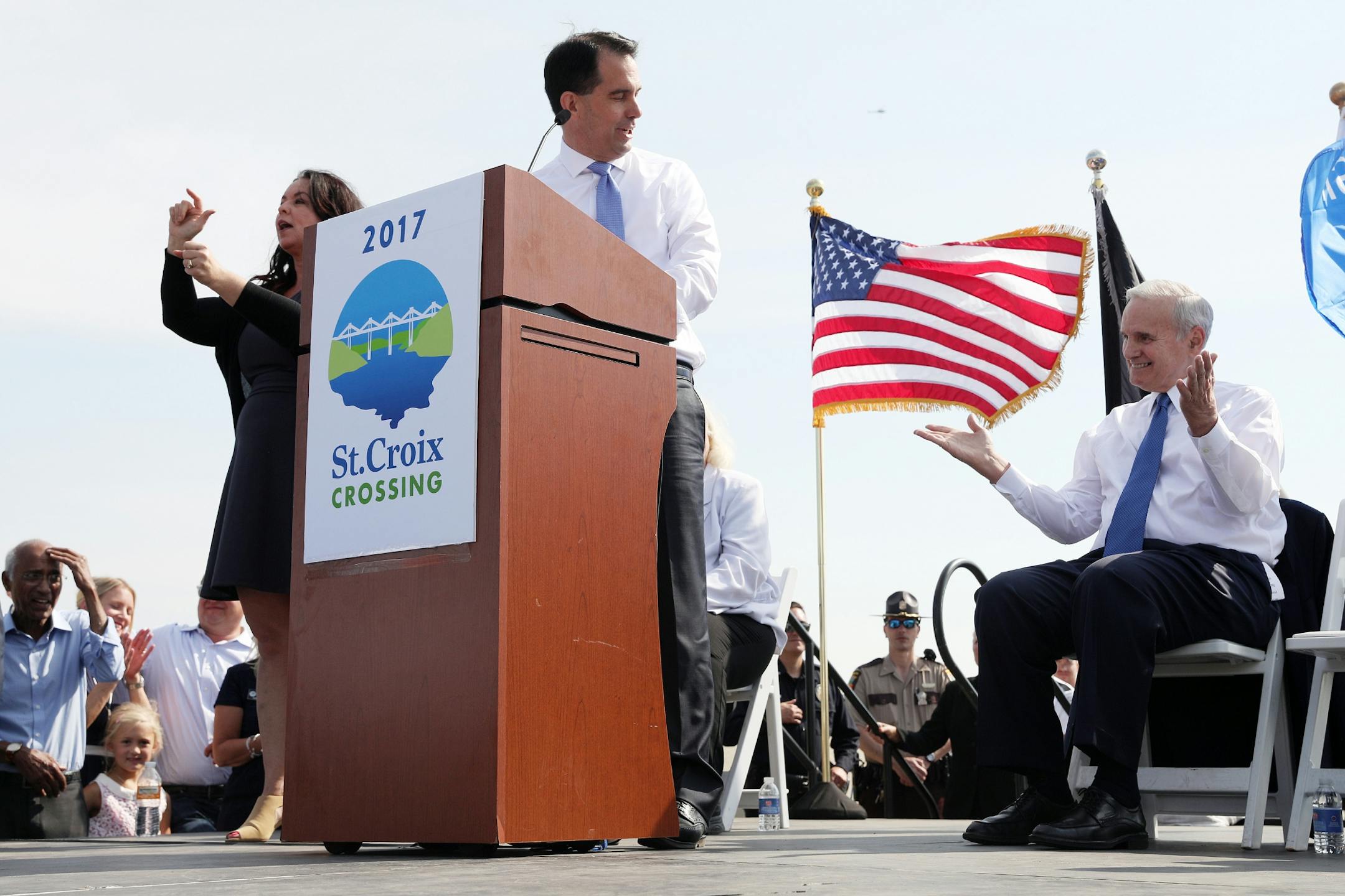 Wisconsin Gov. Scott Walker looked to Minnesota Gov. Mark Mark Dayton as he spoke during the ribbon-cutting ceremony.