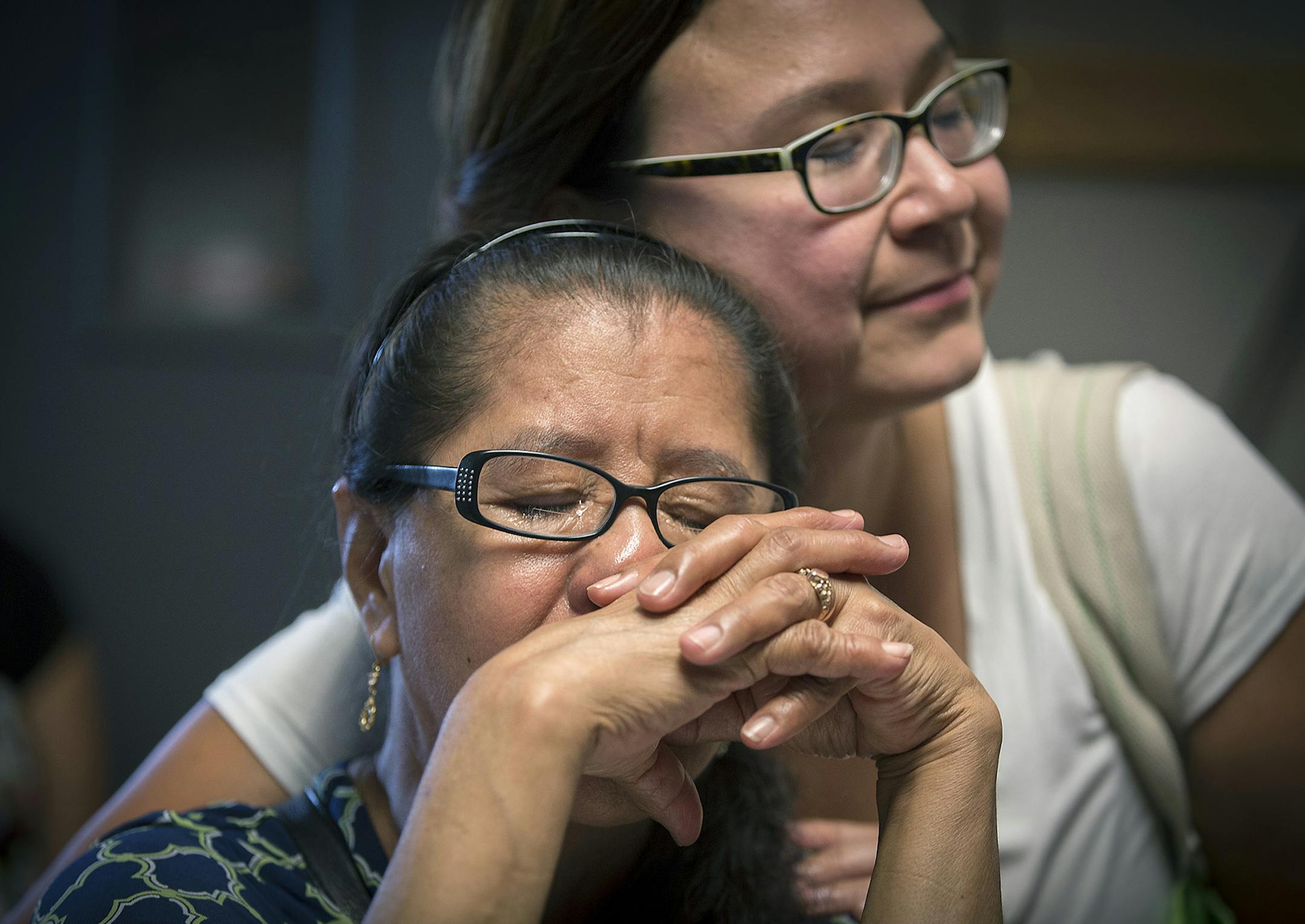 Elena Nava, who has lived in her South Minneapolis apartment for 13 years, became emotional after pleading her case along with supporter Natasha Villanueva, to not raise her rent, Tuesday, August 1, 2017 in Minneapolis, MN. Many residents are being forced to leave by the brand new owners who are clearing out the current tenants and raising the rents. ] ELIZABETH FLORES ï liz.flores@startribune.com