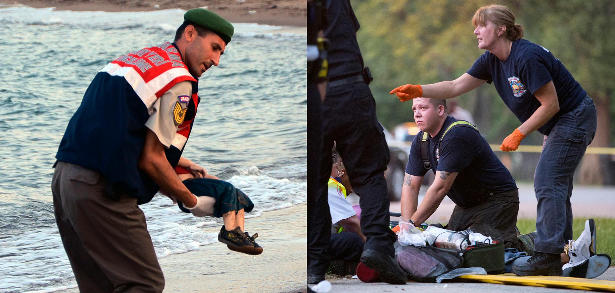 A Turkish paramilitary police officer carried the lifeless body of Aylan Kurdi, 3. Members of the Chicago Fire Department worked on a gunshot victim at the scene of a double shooting in Ogden Park.