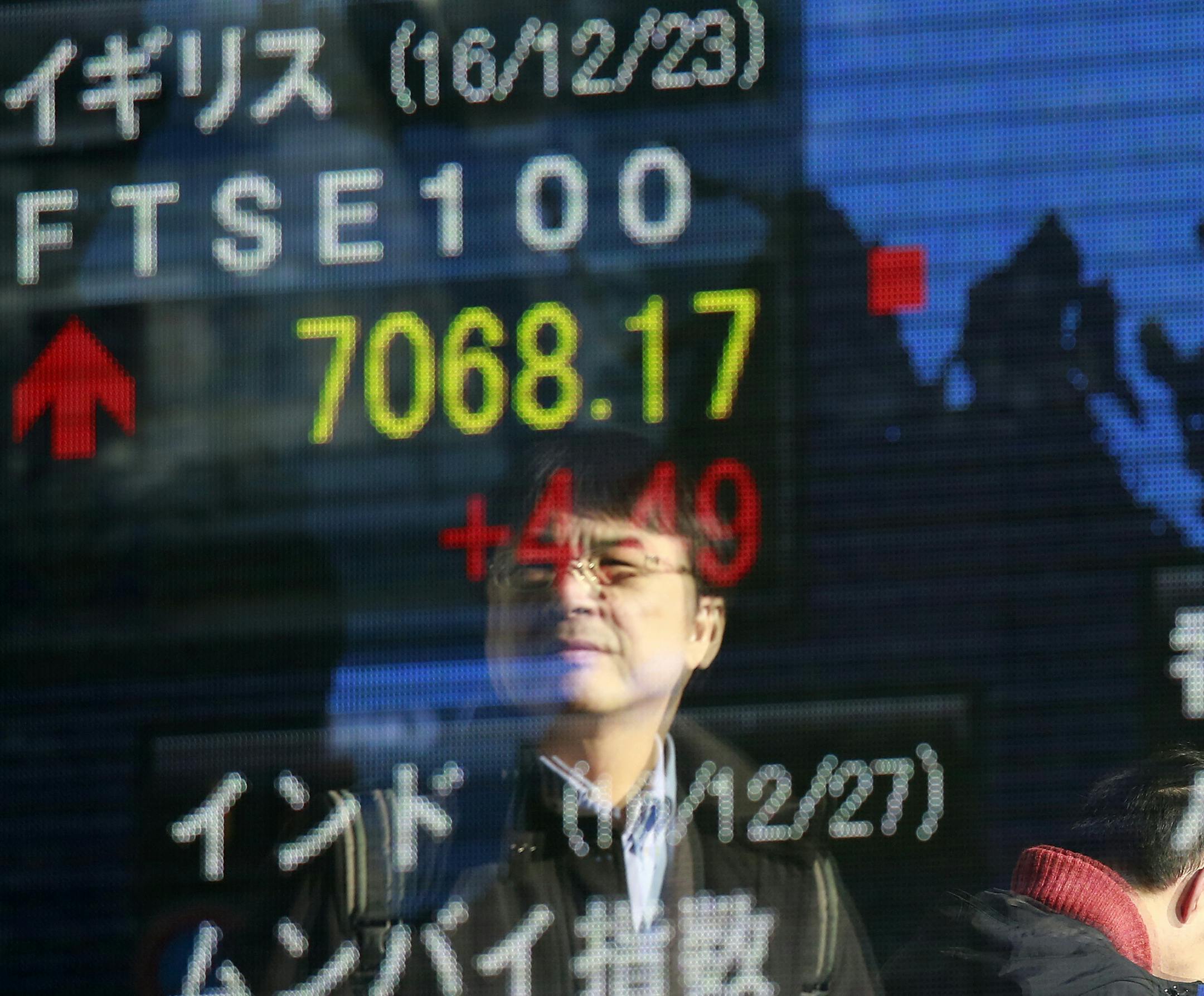 People are reflected on an electronic stock indicator of a securities firm in Tokyo, Wednesday, Dec. 28, 2016. Shares meandered in quiet trading in Asia on Wednesday after the Dow Jones industrial average inched closer to 20,000 and the Nasdaq Composite rose to a record high. (AP Photo/Shizuo Kambayashi) ORG XMIT: XKAN104