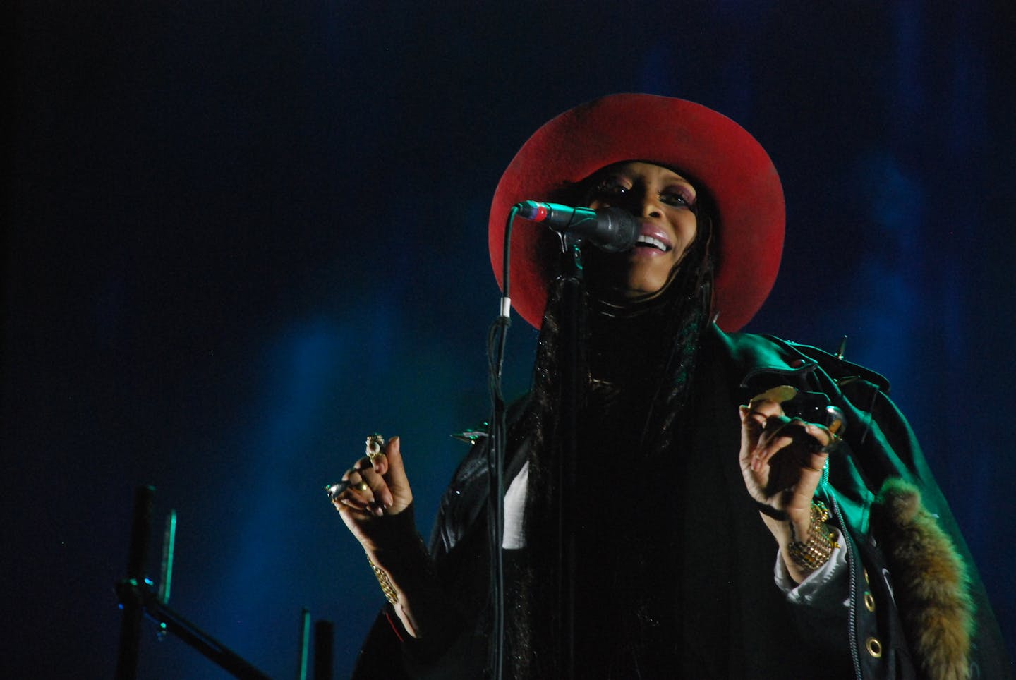 Erykah Badu flashed a smile after taking the stage late Saturday night at Eaux Claires.