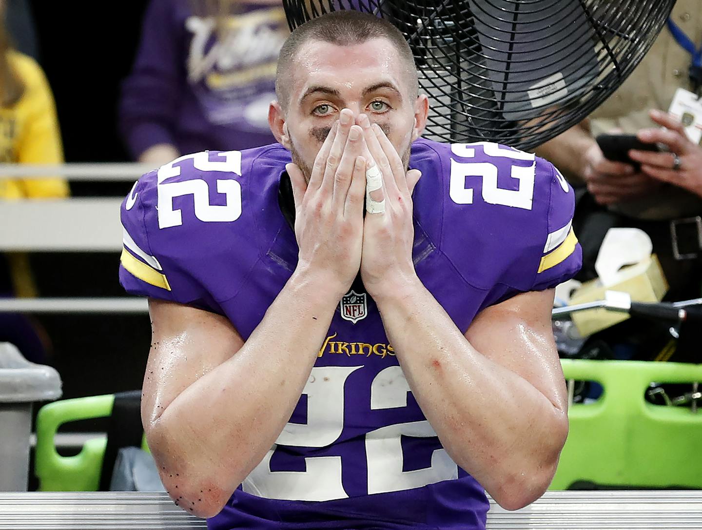 Vikings safety Harrison Smith (22) sat on the bench at the end of the game. Detroit beat Minnesota by a final score of 22-16 in overtime. ] CARLOS GONZALEZ cgonzalez@startribune.com - November 6, 2016, Minneapolis, MN, US Bank Stadium, NFL, Minnesota Vikings vs. Detroit Lions